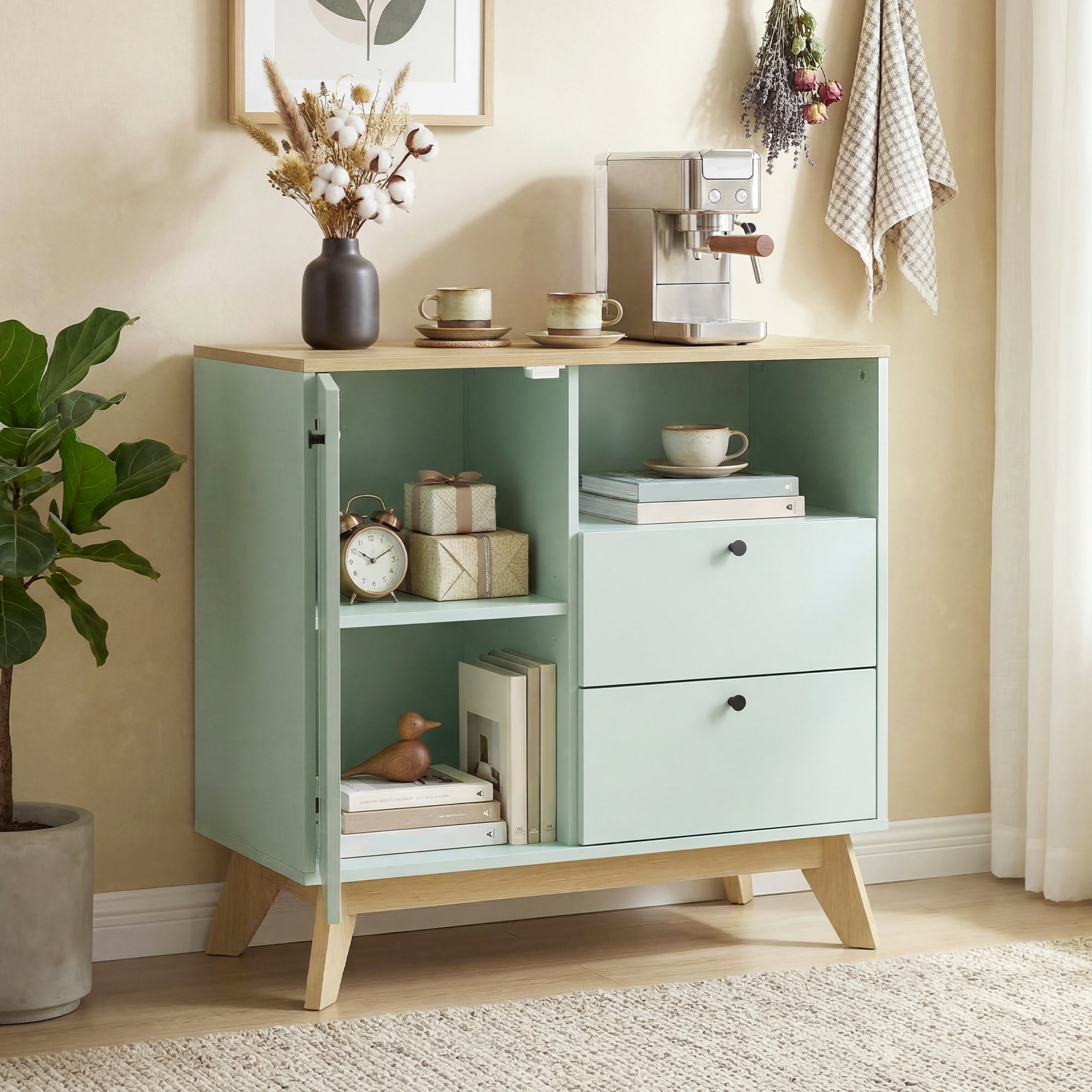 Buffet salon, meuble de rangement avec porte, 2 tiroirs, compartiment ouvert et étagère réglable, style moderne, buffet salle à manger et cuisine, 80 x 35 x 76,3 cm, vert clair et chêne