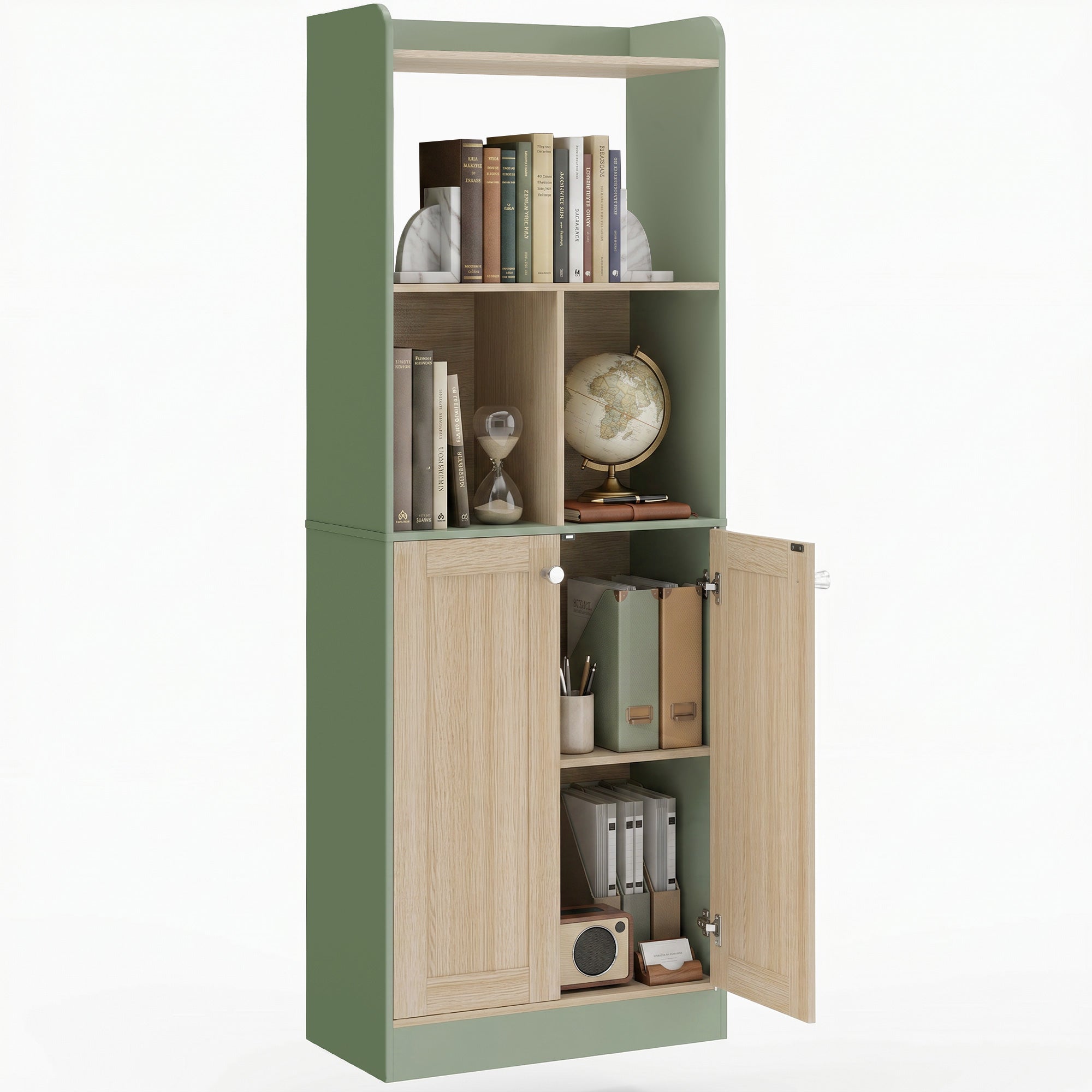 Bibliothèque à 5 niveaux, meuble de rangement, étagère à livres 60 x 30 x 161,2 cm avec 2 portes, étagère de rangement pour salon, chambre, bureau, vert et bois naturel