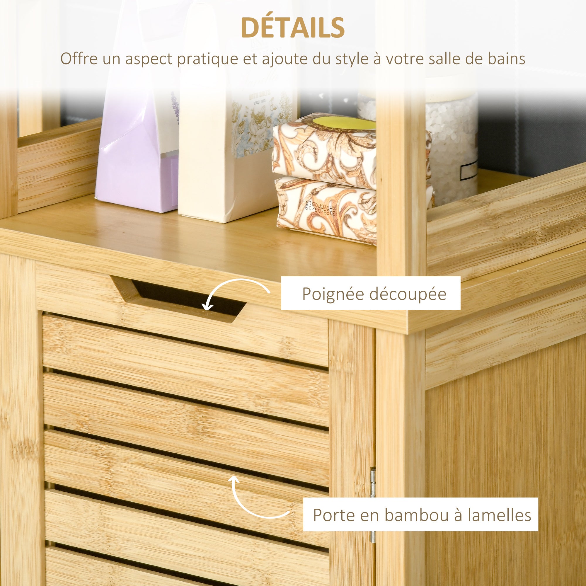 Meuble colonne de salle de bain avec 3 étagères et placard porte persienne en bambou