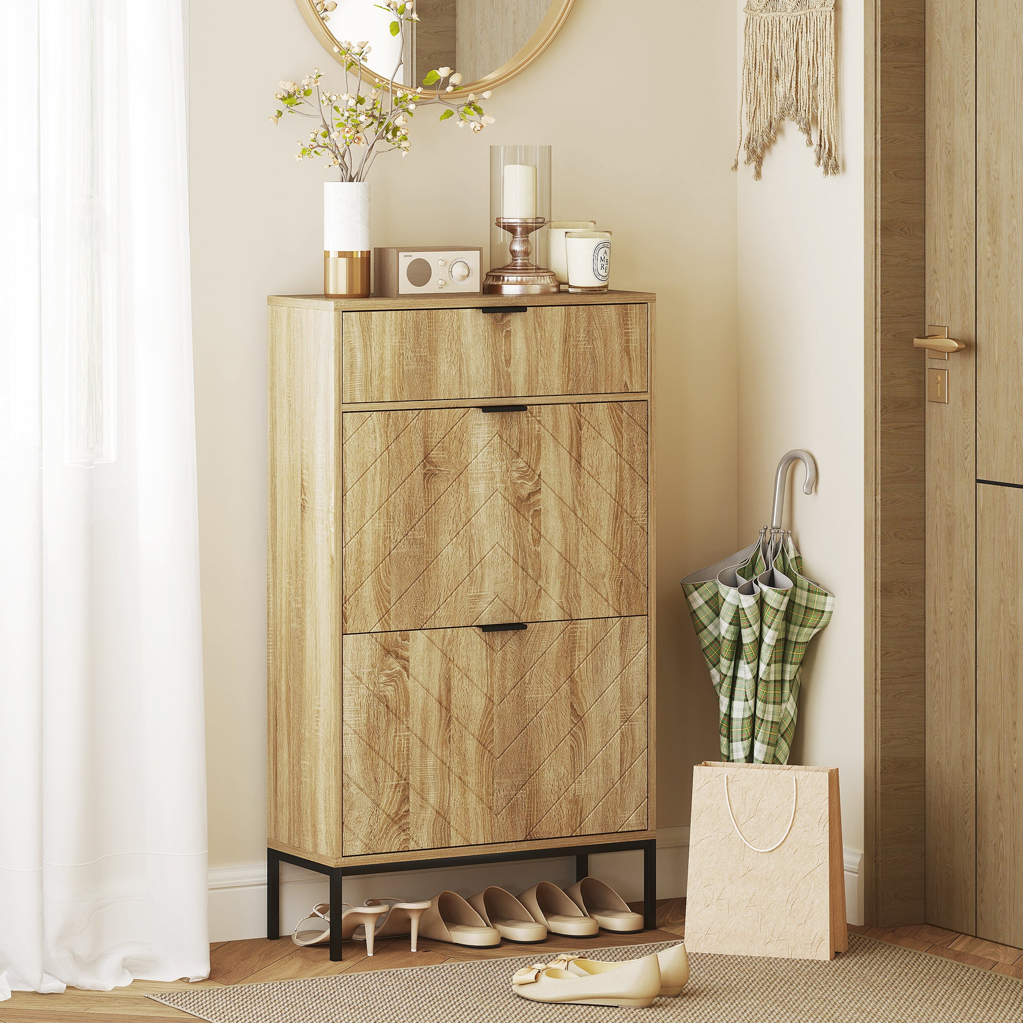 Meuble à chaussures 8 paires, armoire à chaussures étroite, meuble d'entrée avec tiroir coulissant, 2 tiroirs rabattables et étagères réglables, pour couloir et entrée, 60x24x105,5cm, chêne