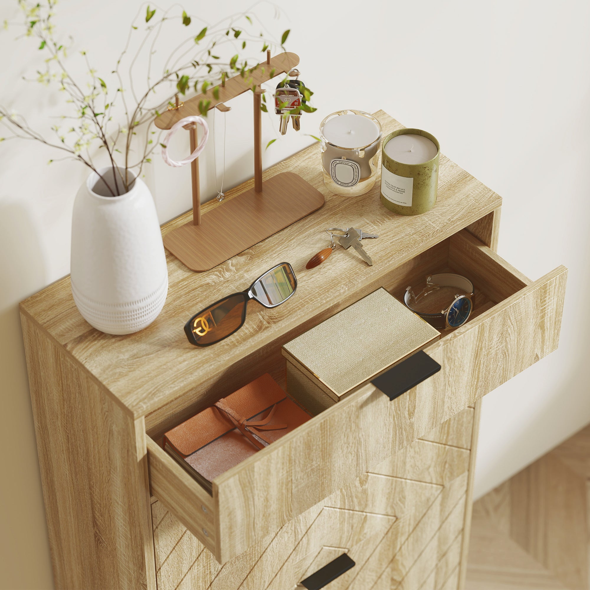 Meuble à chaussures 8 paires, armoire à chaussures étroite, meuble d'entrée avec tiroir coulissant, 2 tiroirs rabattables et étagères réglables, pour couloir et entrée, 60x24x105,5cm, chêne