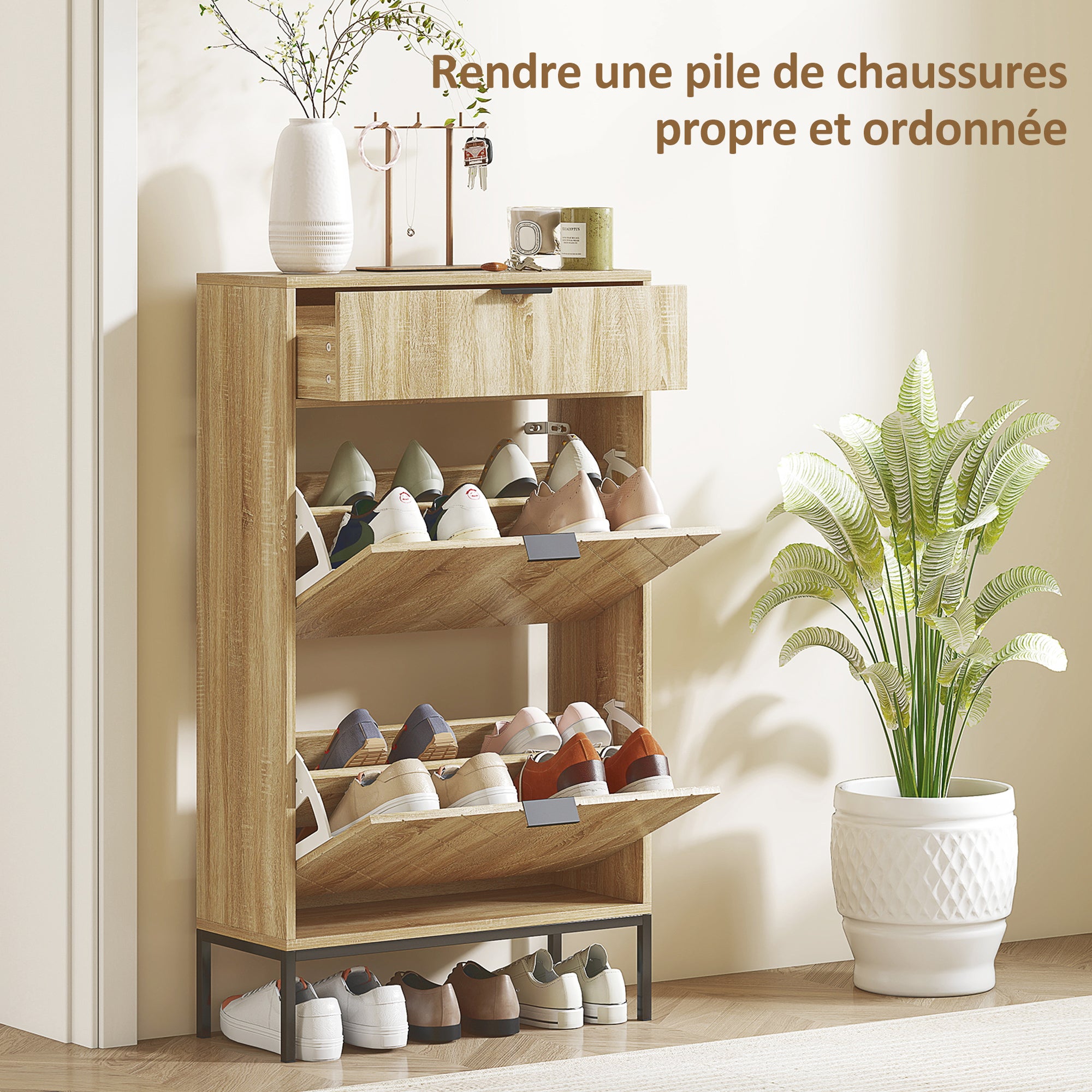 Meuble à chaussures 8 paires, armoire à chaussures étroite, meuble d'entrée avec tiroir coulissant, 2 tiroirs rabattables et étagères réglables, pour couloir et entrée, 60x24x105,5cm, chêne