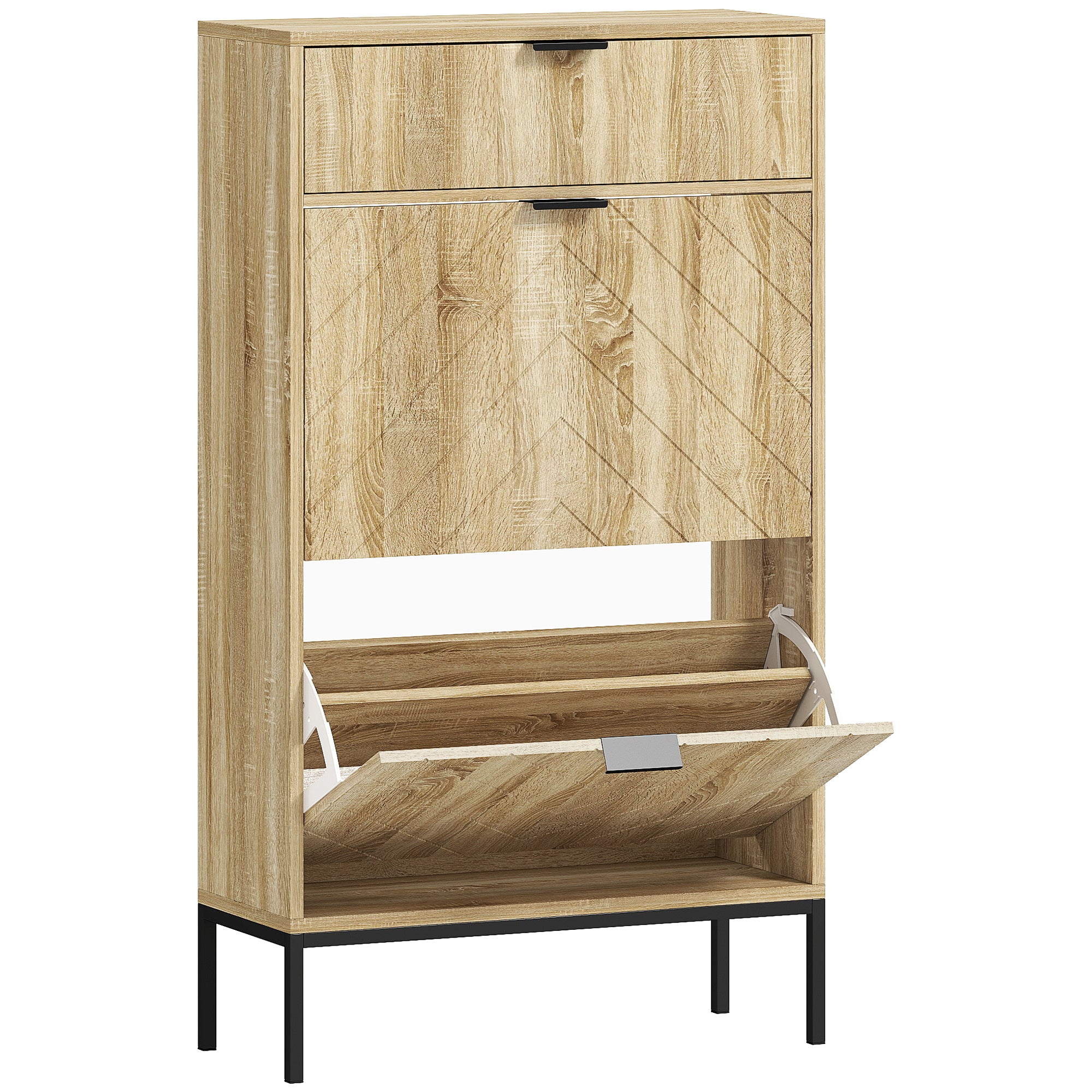 Meuble à chaussures 8 paires, armoire à chaussures étroite, meuble d'entrée avec tiroir coulissant, 2 tiroirs rabattables et étagères réglables, pour couloir et entrée, 60x24x105,5cm, chêne