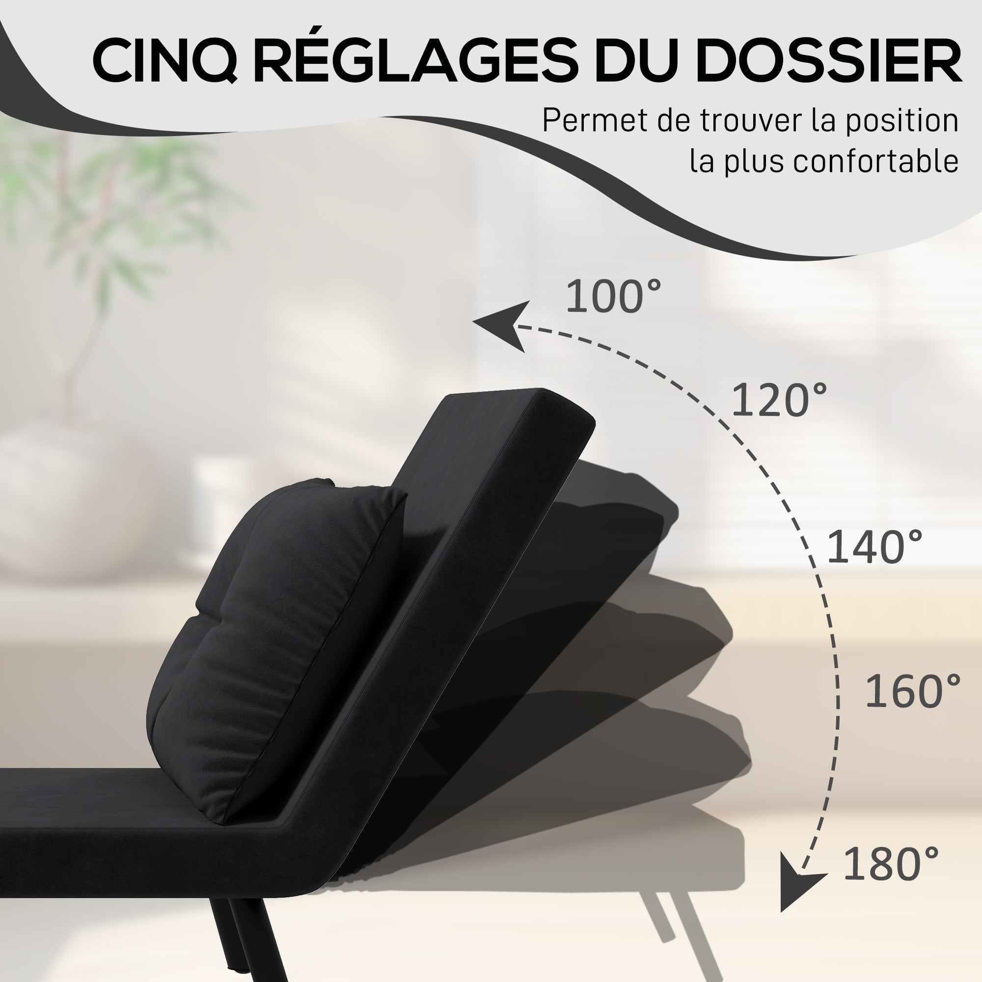 Fauteuil convertible 1 place chauffeuse 4 en 1 canapé convertible fauteuil lit avec dossier réglable en 5 positions, coussin inclus, canapé-lit 1 place pour invités, salon, charge 120 kg, noir