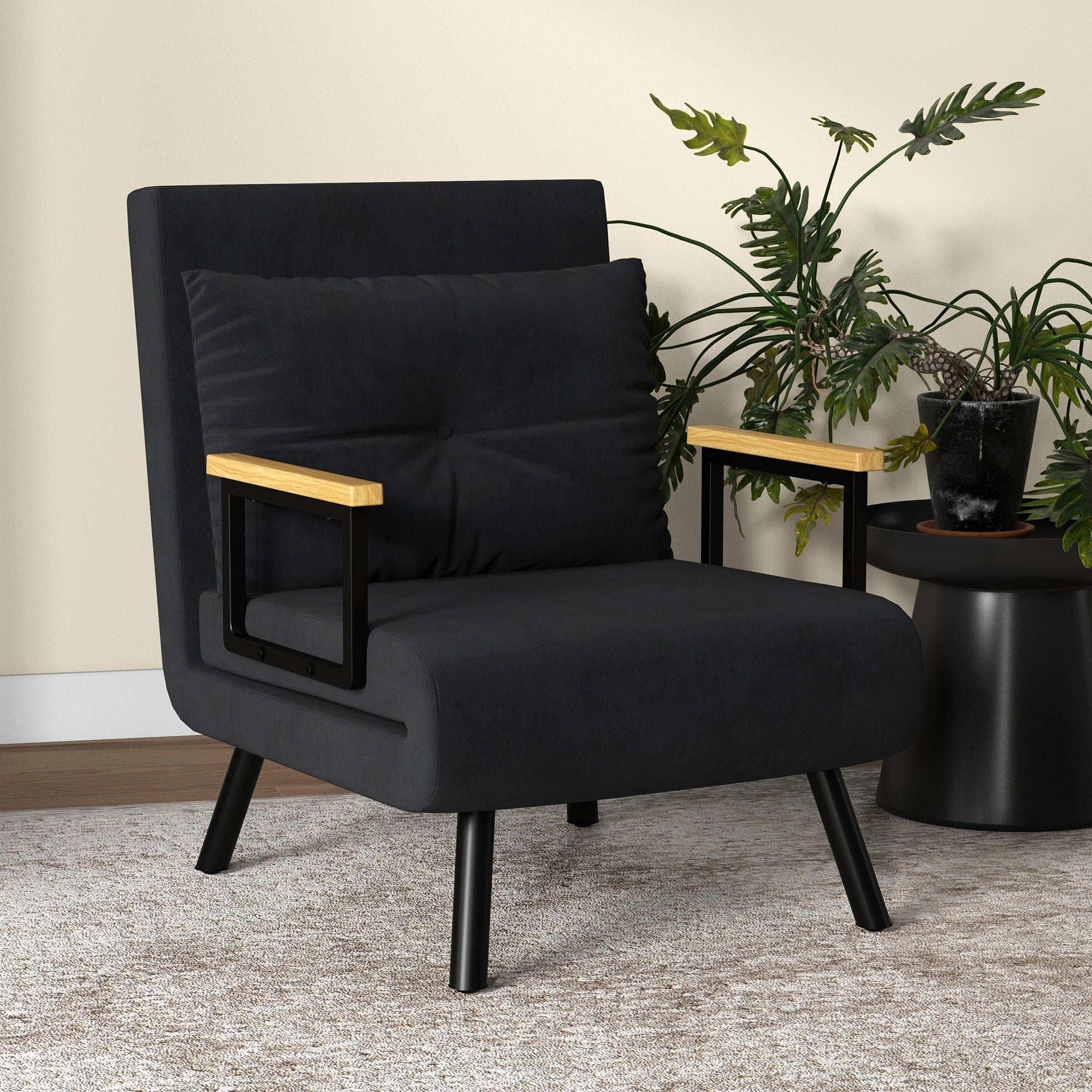 Fauteuil convertible 1 place chauffeuse 4 en 1 canapé convertible fauteuil lit avec dossier réglable en 5 positions, coussin inclus, canapé-lit 1 place pour invités, salon, charge 120 kg, noir