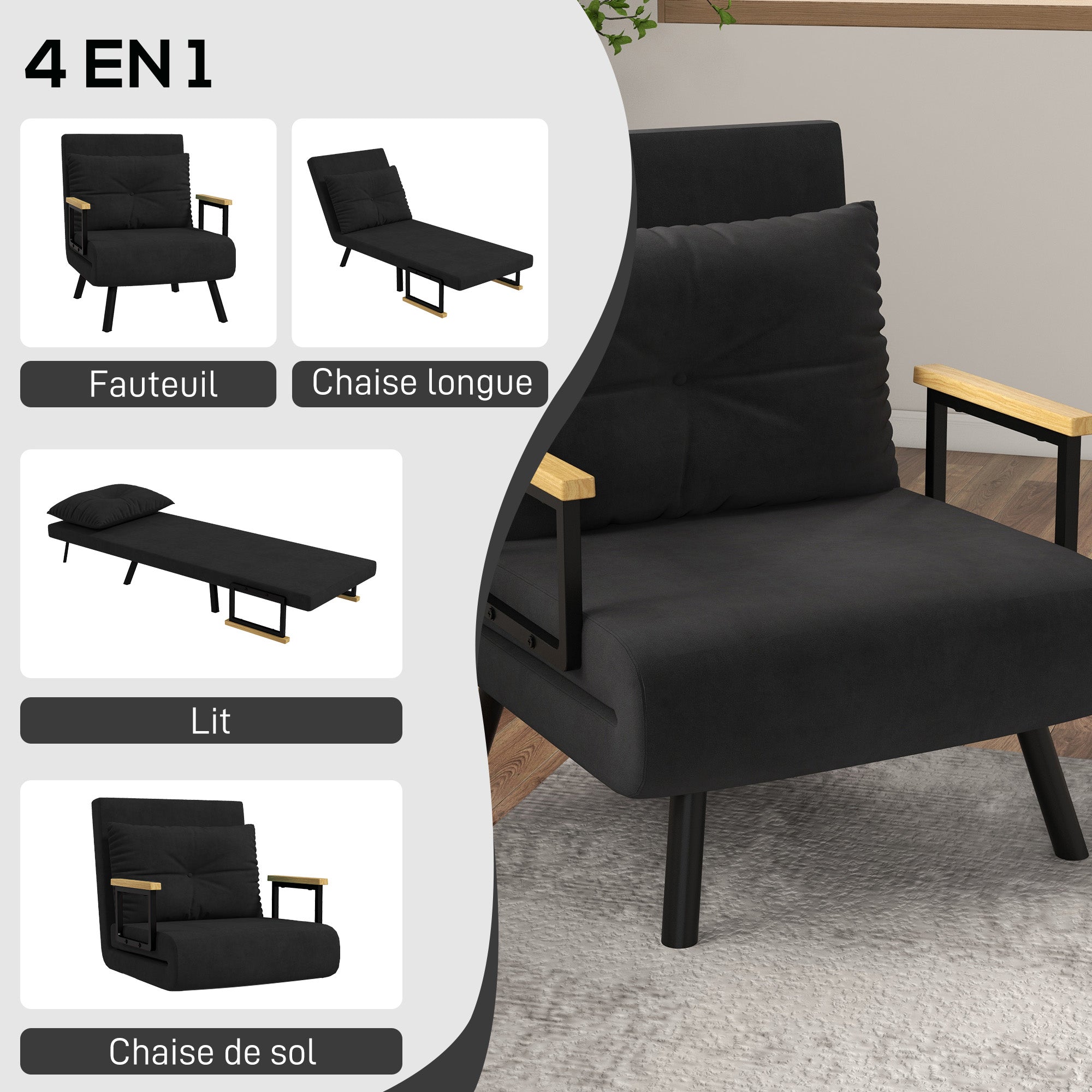Fauteuil convertible 1 place chauffeuse 4 en 1 canapé convertible fauteuil lit avec dossier réglable en 5 positions, coussin inclus, canapé-lit 1 place pour invités, salon, charge 120 kg, noir