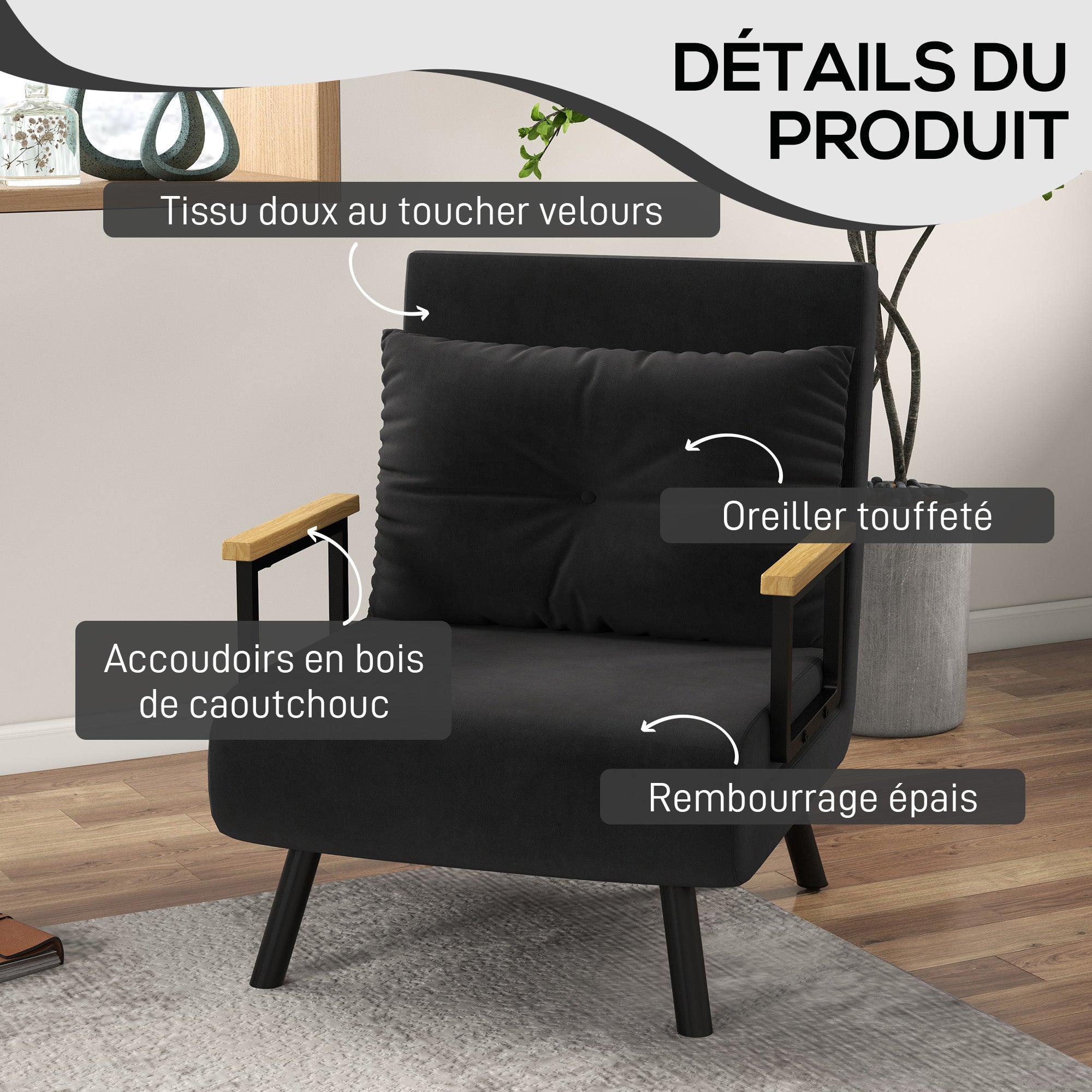 Fauteuil convertible 1 place chauffeuse 4 en 1 canapé convertible fauteuil lit avec dossier réglable en 5 positions, coussin inclus, canapé-lit 1 place pour invités, salon, charge 120 kg, noir
