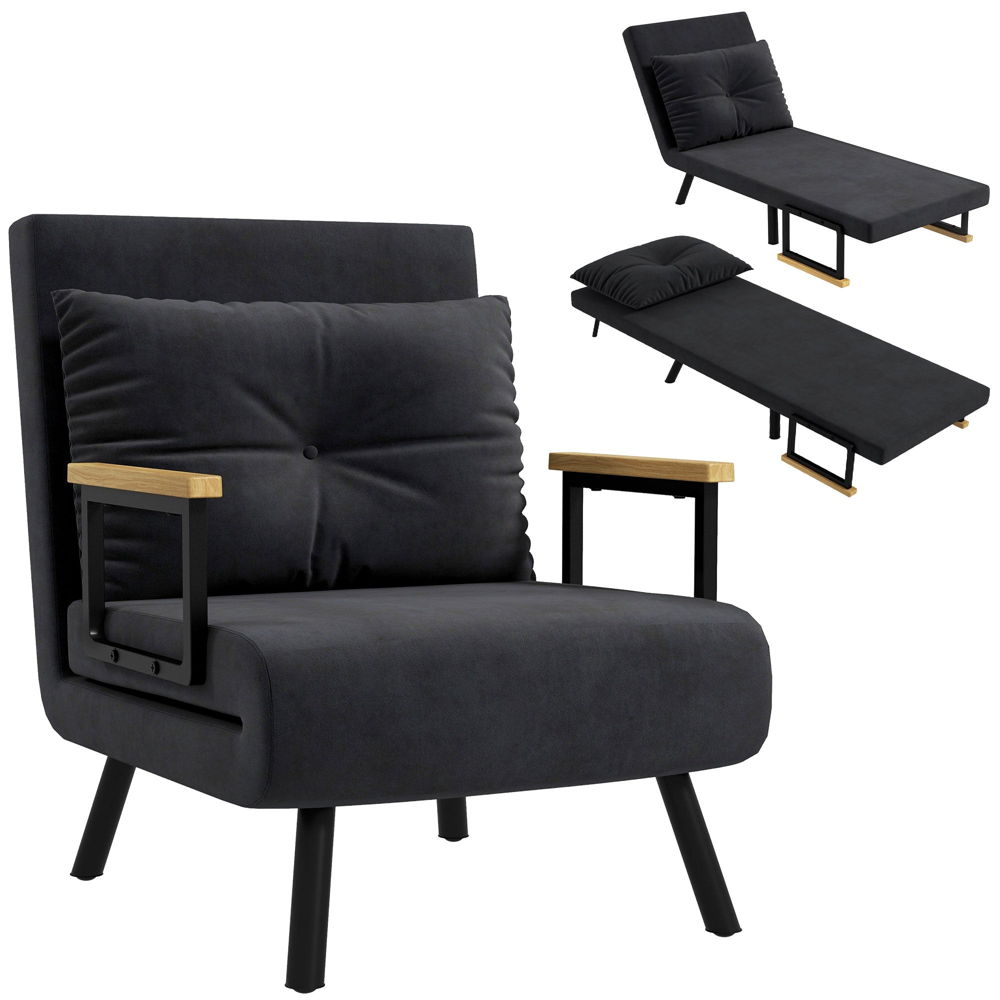 Fauteuil convertible 1 place chauffeuse 4 en 1 canapé convertible fauteuil lit avec dossier réglable en 5 positions, coussin inclus, canapé-lit 1 place pour invités, salon, charge 120 kg, noir