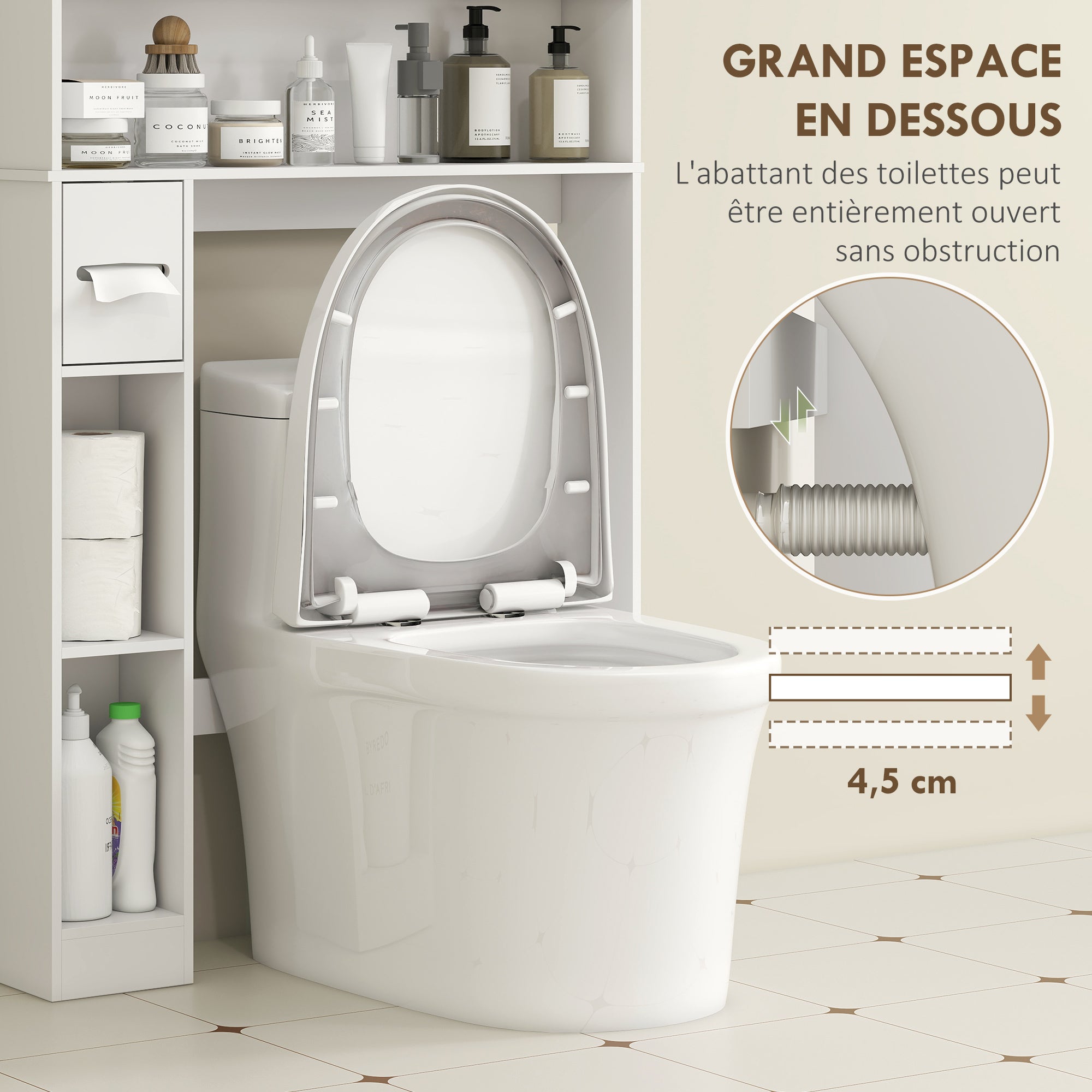 Meuble WC dessus de toilette/machine à laver avec placard à porte double, étagère réglable, meuble toilettes WC rangement armoire salle de bain avec niches et porte-papier, 80x19,5x170cm, blanc