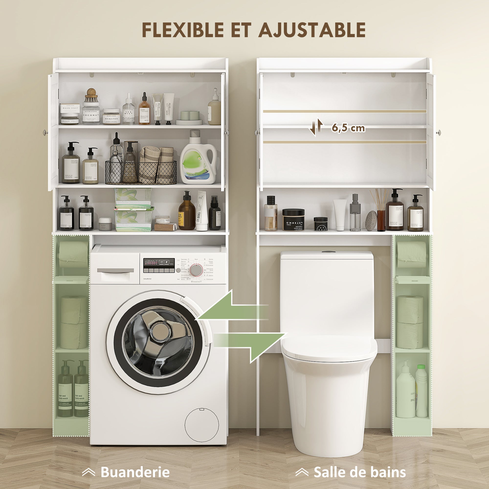 Meuble WC dessus de toilette/machine à laver avec placard à porte double, étagère réglable, meuble toilettes WC rangement armoire salle de bain avec niches et porte-papier, 80x19,5x170cm, blanc