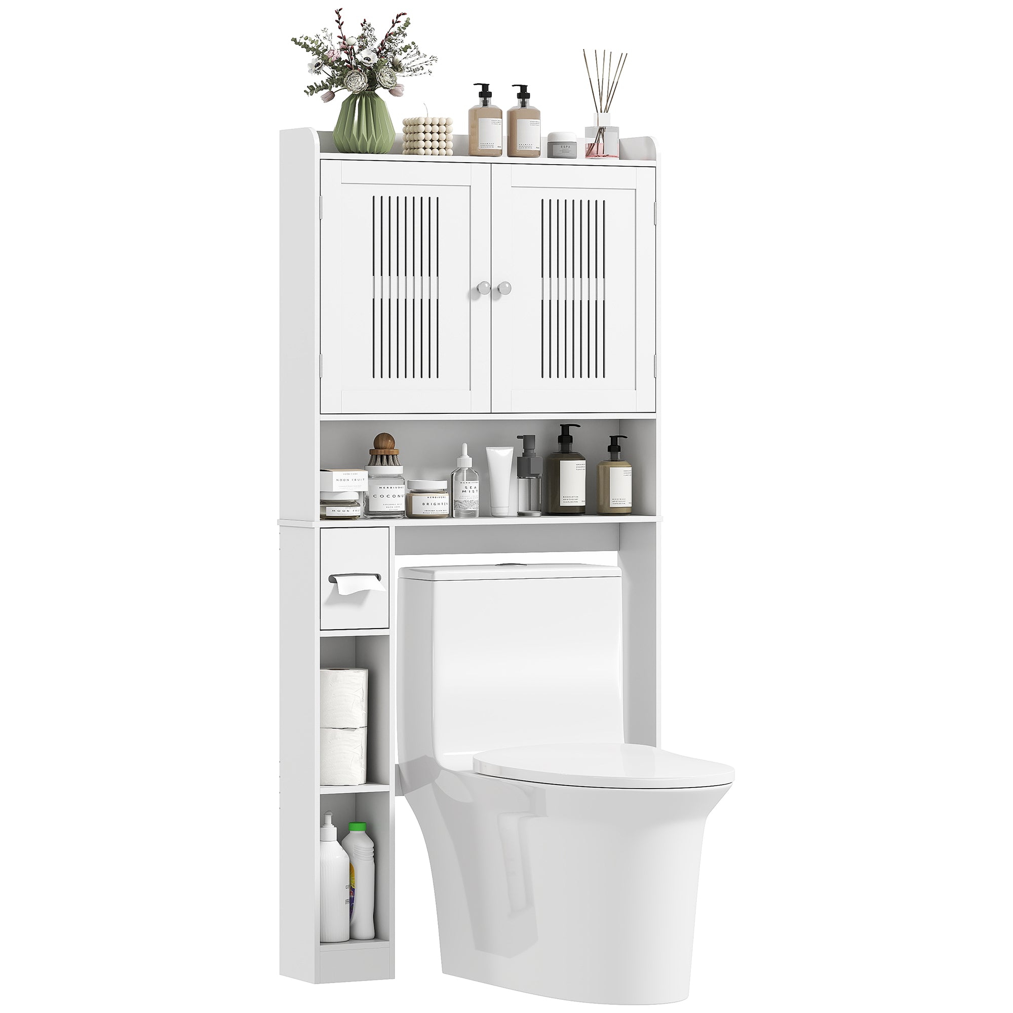 Meuble WC dessus de toilette/machine à laver avec placard à porte double, étagère réglable, meuble toilettes WC rangement armoire salle de bain avec niches et porte-papier, 80x19,5x170cm, blanc