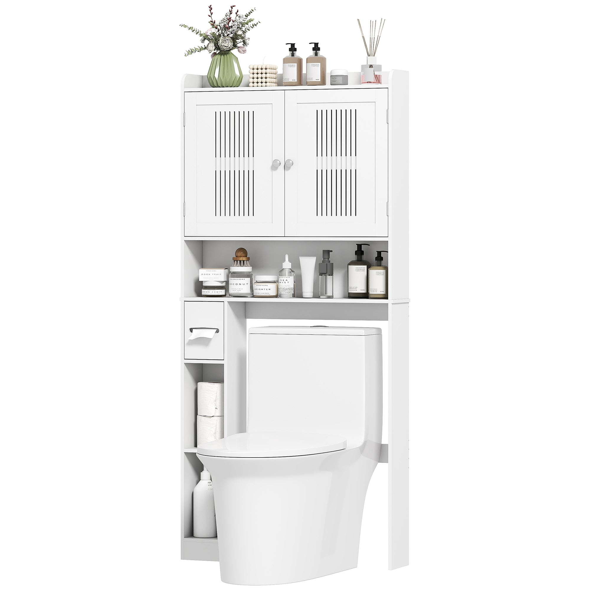 Meuble WC dessus de toilette/machine à laver avec placard à porte double, étagère réglable, meuble toilettes WC rangement armoire salle de bain avec niches et porte-papier, 80x19,5x170cm, blanc