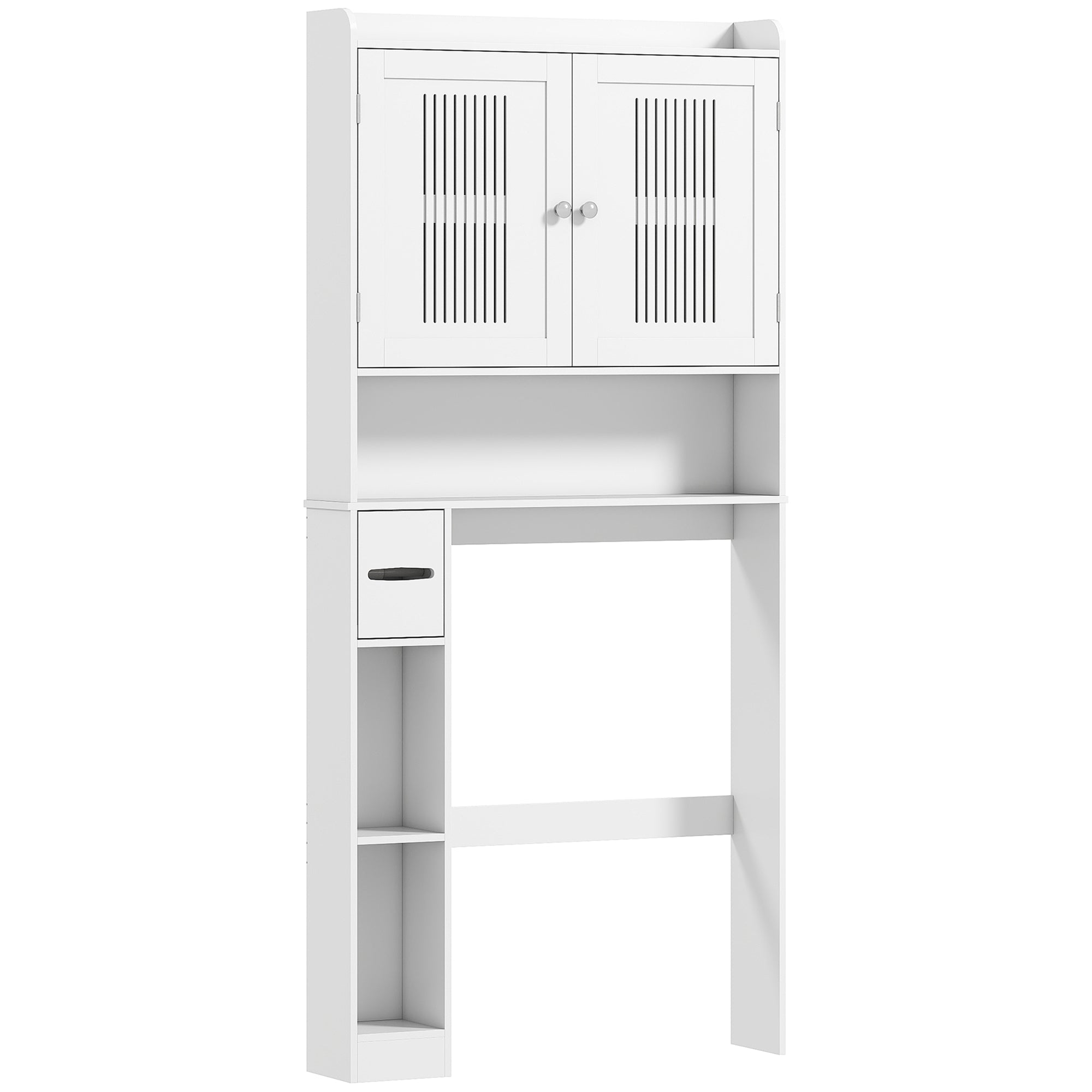 Meuble WC dessus de toilette/machine à laver avec placard à porte double, étagère réglable, meuble toilettes WC rangement armoire salle de bain avec niches et porte-papier, 80x19,5x170cm, blanc