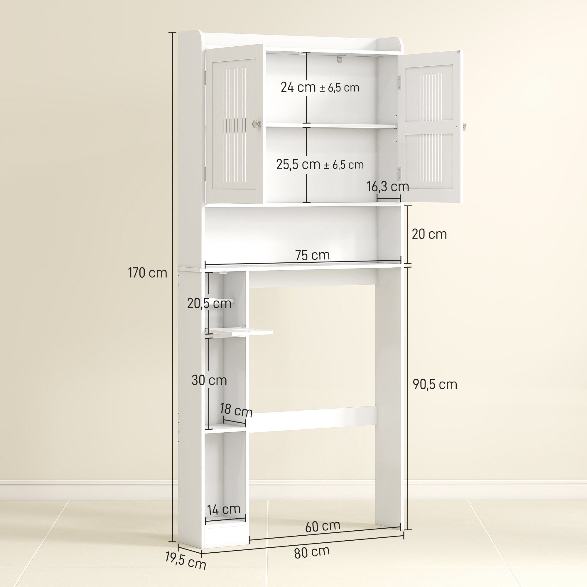 Meuble WC dessus de toilette/machine à laver avec placard à porte double, étagère réglable, meuble toilettes WC rangement armoire salle de bain avec niches et porte-papier, 80x19,5x170cm, blanc