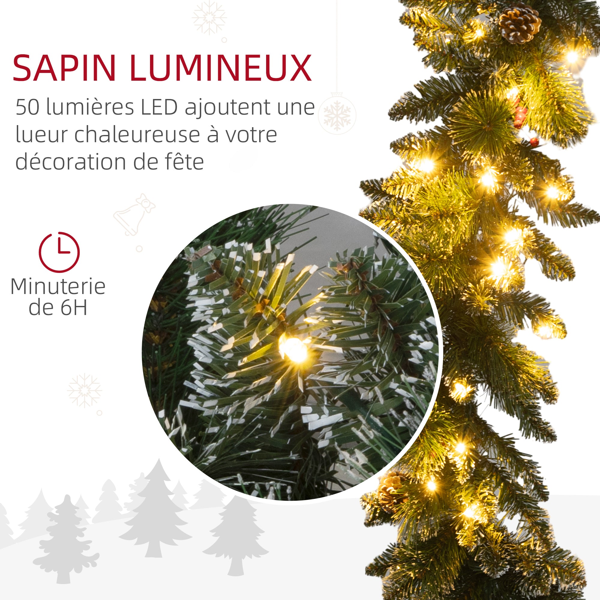 Guirlande de Noël artificielle lumineuse de 1,8 m décoration de Noël avec pommes de pin, grappes de baies, 50 lumières LED et minuterie pour escaliers, cheminées, vert