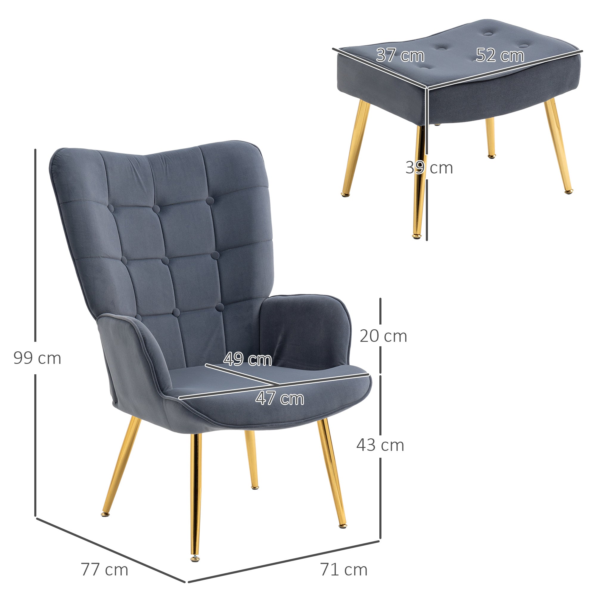 Fauteuil avec repose-pied, fauteuil salon capitonné avec dossier haut, pieds en acier doré et tissu velours, pour salon, chambre à coucher, gris foncé