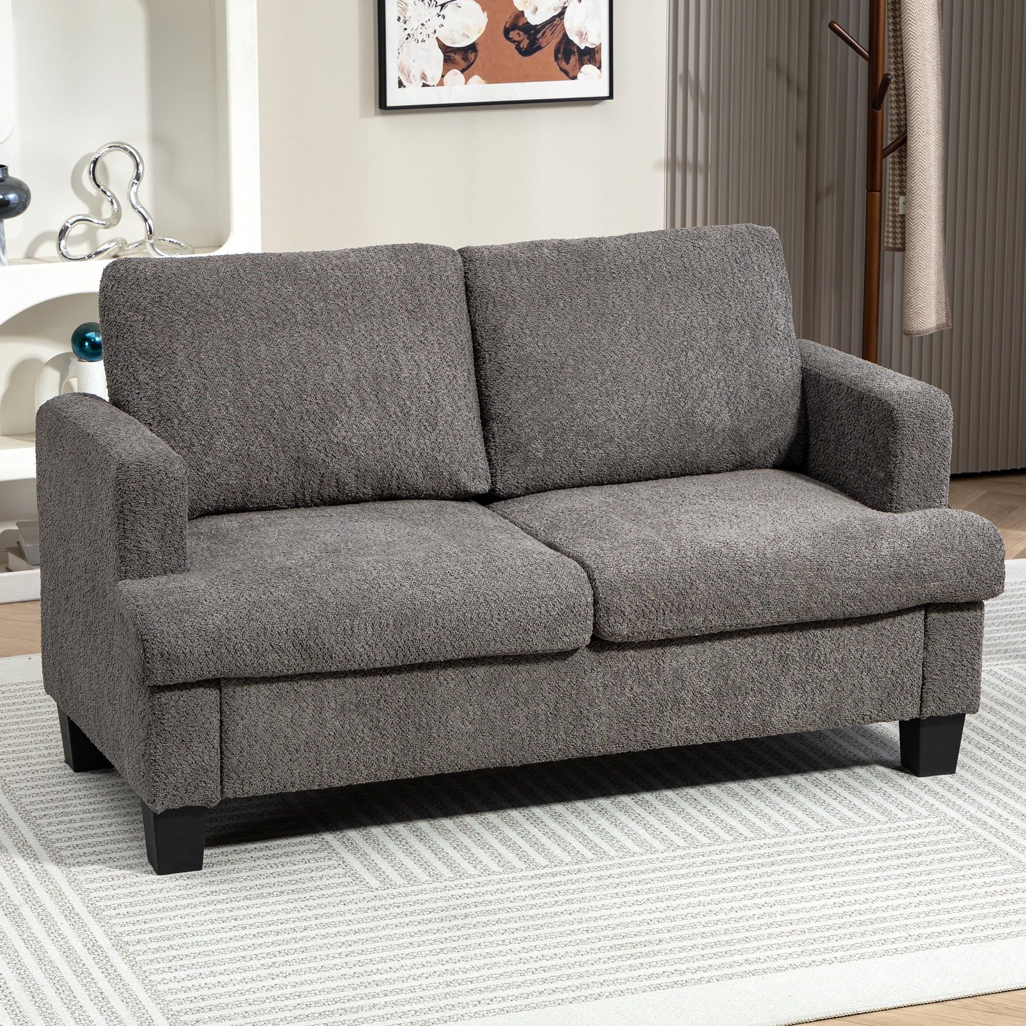 Canapé 2 places canapé de salon 140 cm style moderne avec coussins de dossier amovibles et accoudoirs, mini sofa pour chambre, appartement, petit espace, gris foncé