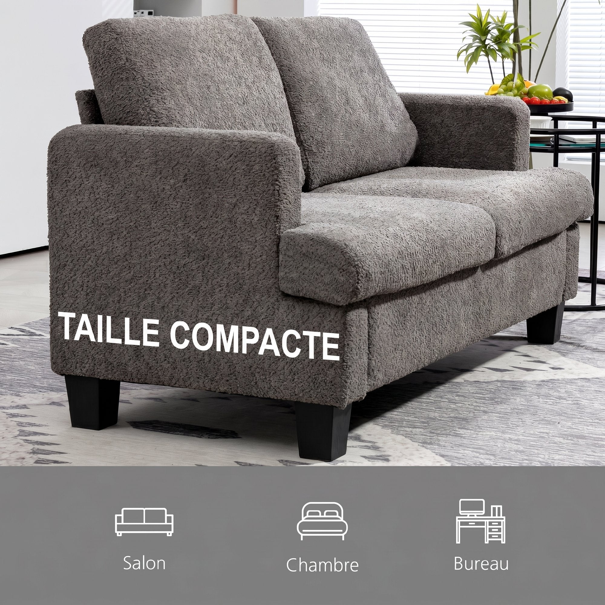 Canapé 2 places canapé de salon 140 cm style moderne avec coussins de dossier amovibles et accoudoirs, mini sofa pour chambre, appartement, petit espace, gris foncé