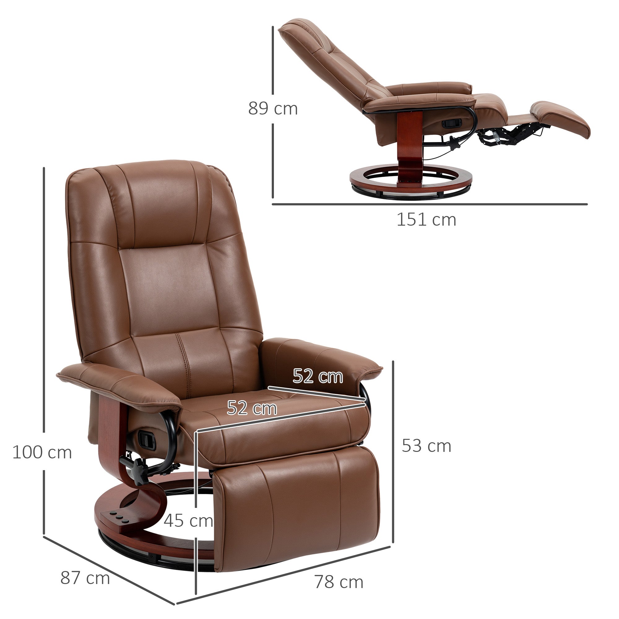 Fauteuil relax inclinable fauteuil de salon repose-pieds réglable pivotant 360° piètement bois revêtement synthétique marron