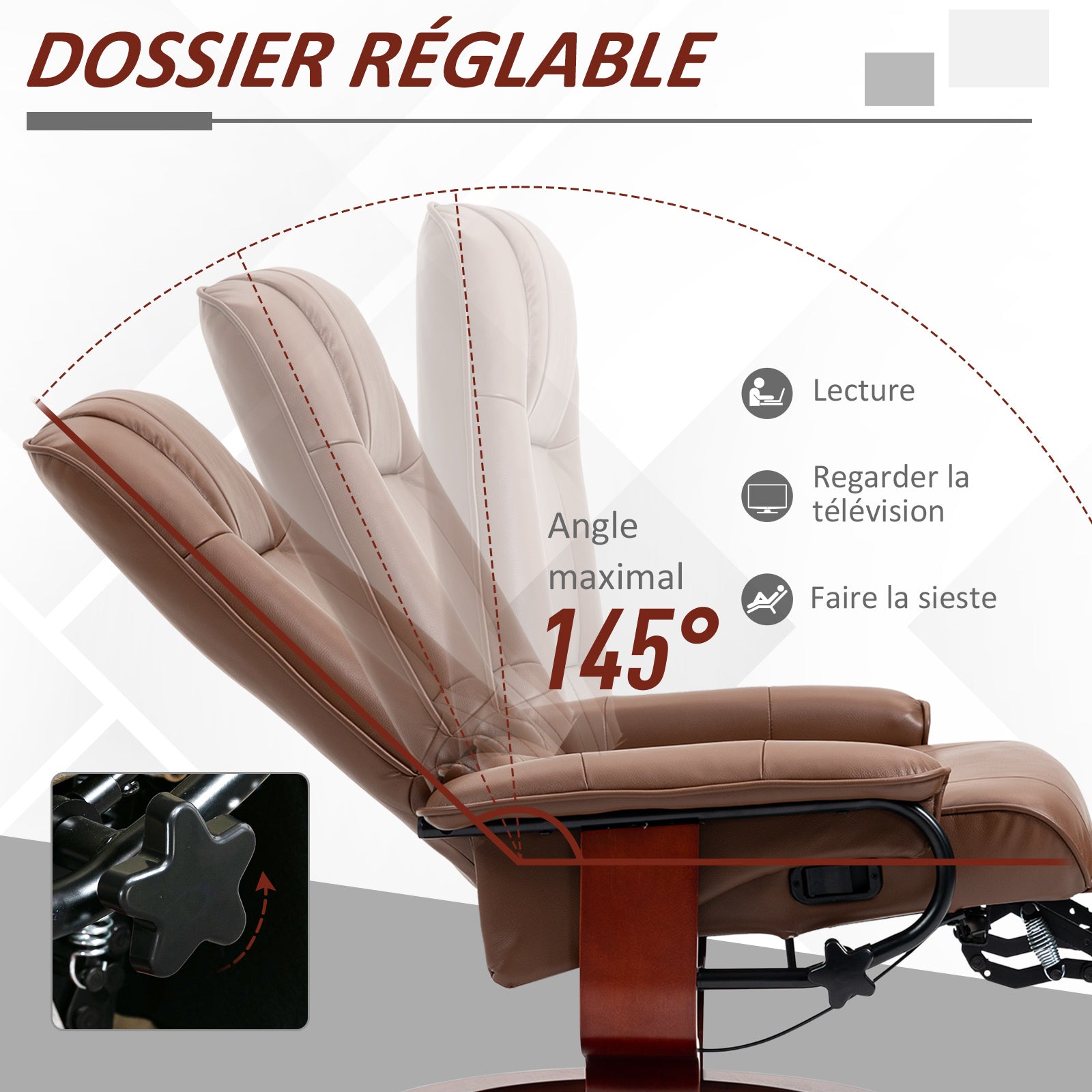 Fauteuil relax inclinable fauteuil de salon repose-pieds réglable pivotant 360° piètement bois revêtement synthétique marron