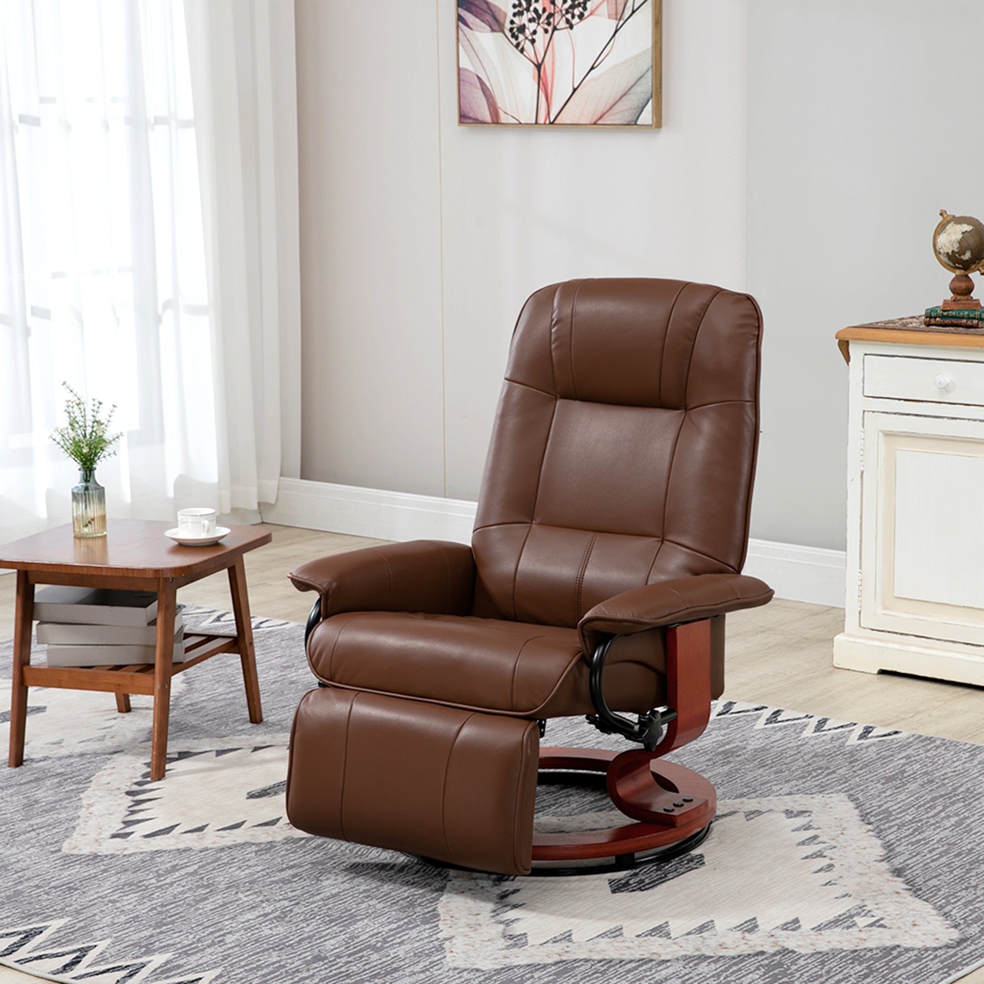 Fauteuil relax inclinable fauteuil de salon repose-pieds réglable pivotant 360° piètement bois revêtement synthétique marron