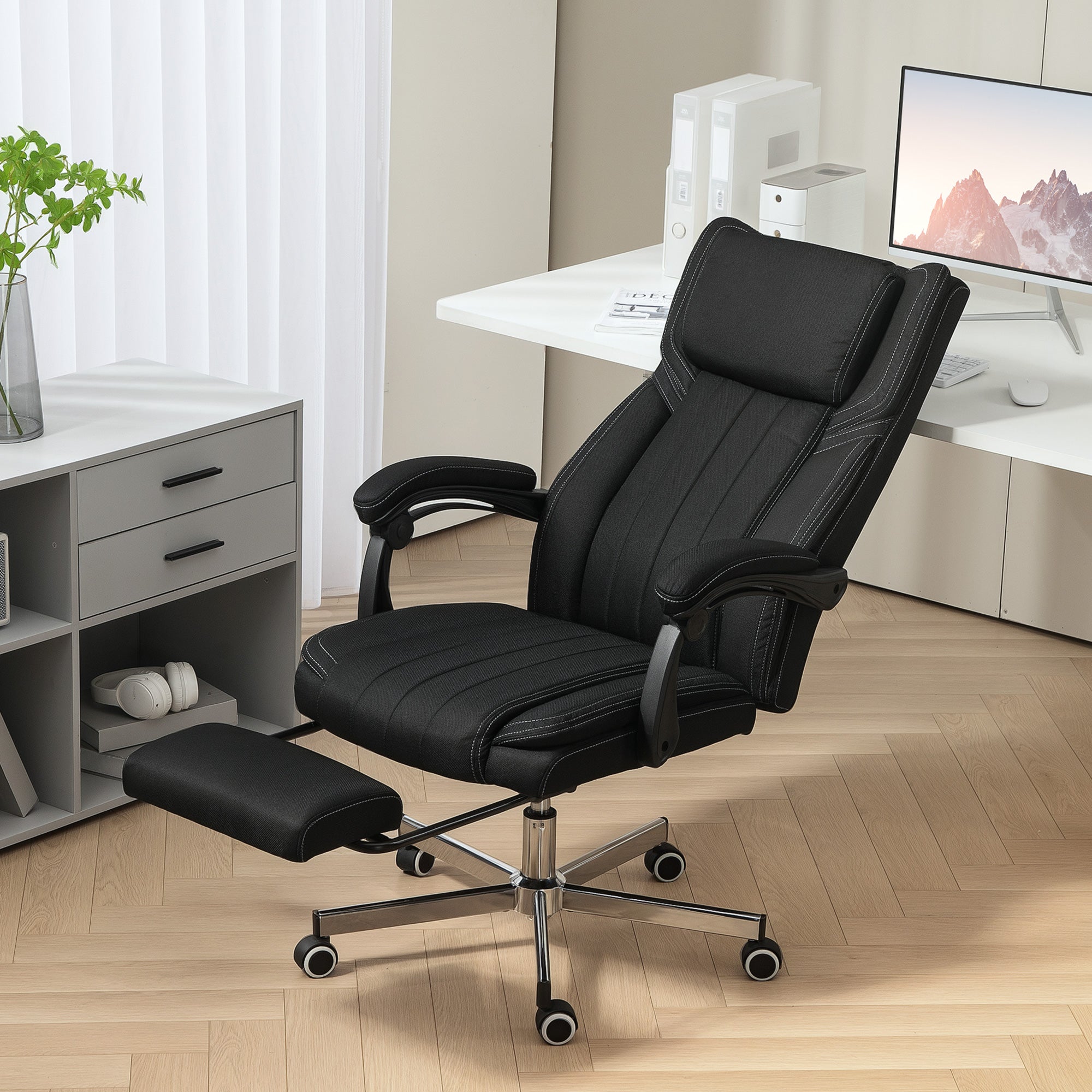 Chaise bureau fauteuil de bureau chaise ergonomique hauteur réglable dossier inclinable accoudoirs repose-pieds et appui-tête siège de bureau à roulettes pivotantes 65x61x105-113cm noir