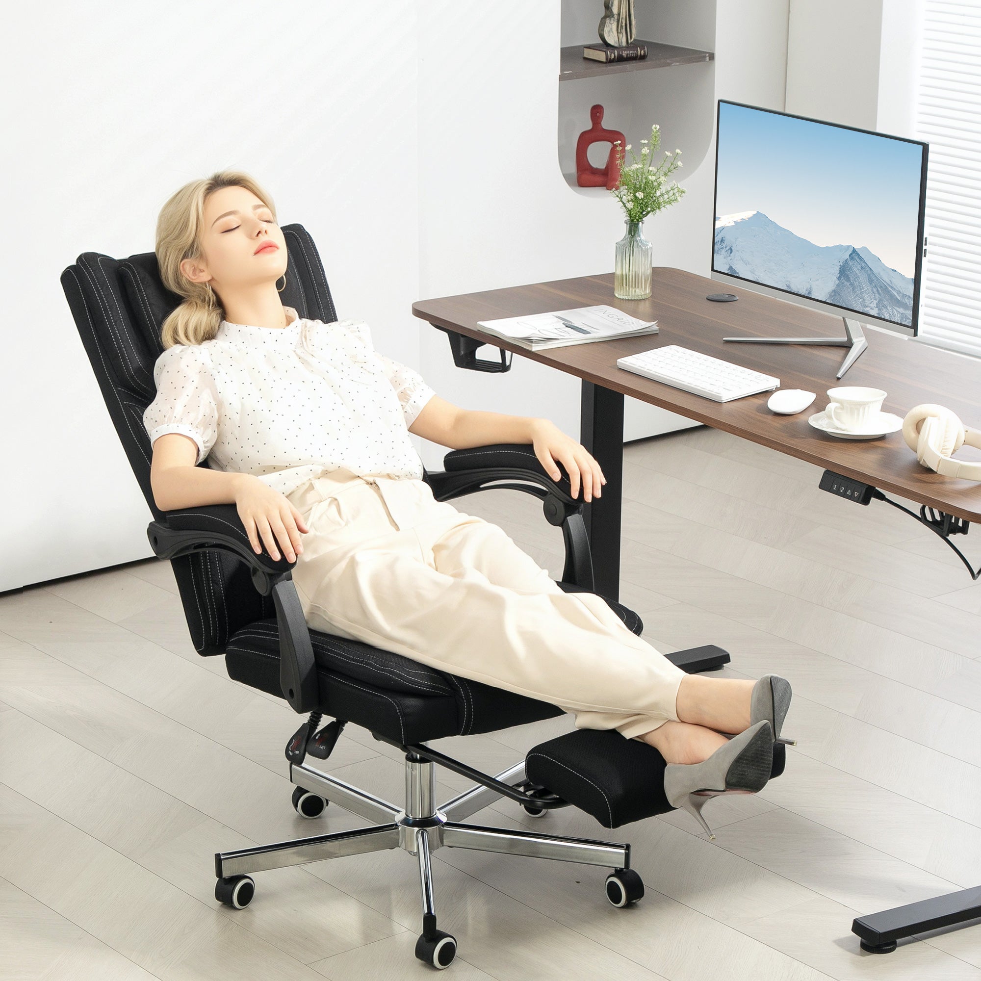 Chaise bureau fauteuil de bureau chaise ergonomique hauteur réglable dossier inclinable accoudoirs repose-pieds et appui-tête siège de bureau à roulettes pivotantes 65x61x105-113cm noir