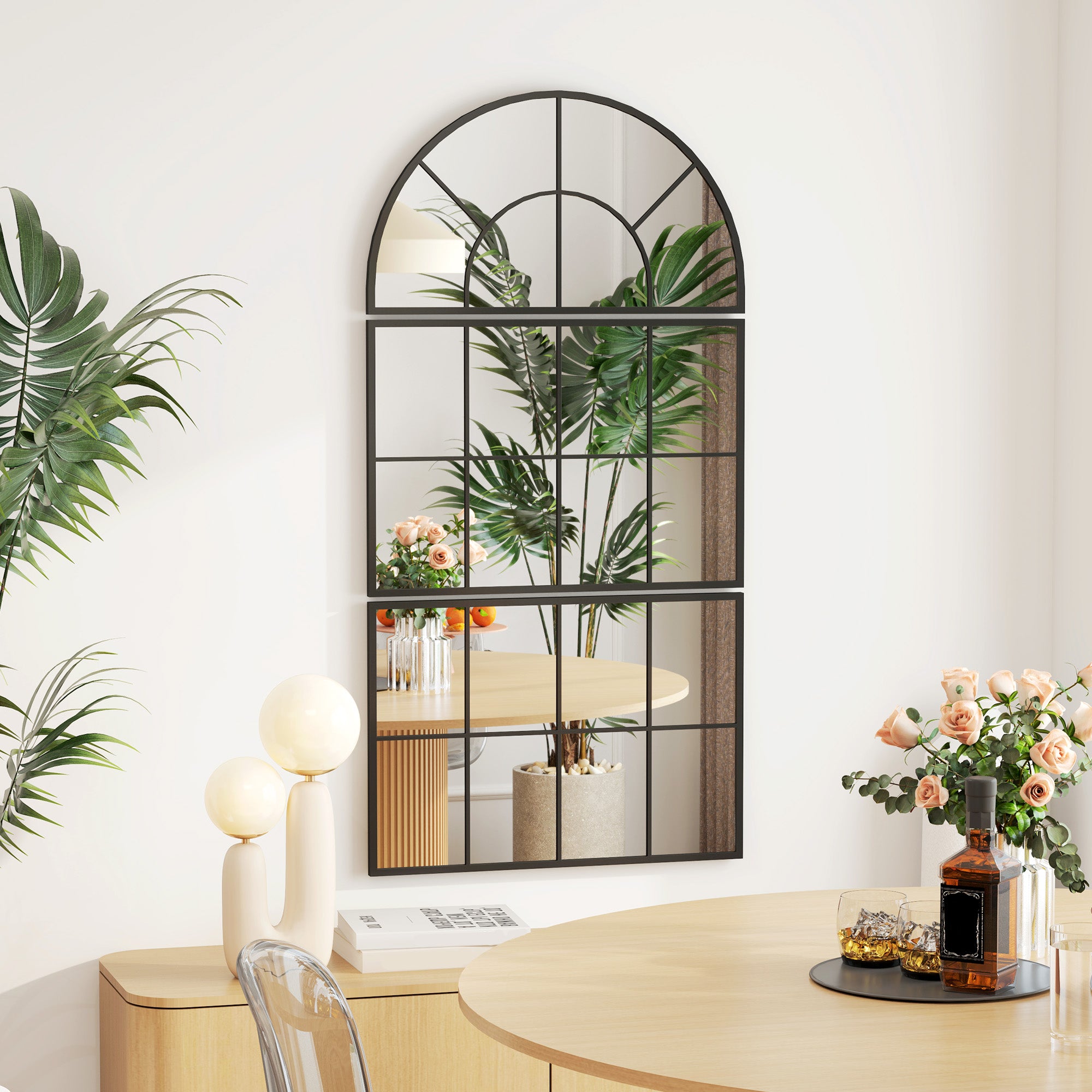 Miroir mural arqué, miroir mural en forme de fenêtre, ensemble de 3 pièces, cadre en métal, pour salon, chambre à coucher, couloir, 76 x 149 cm noir