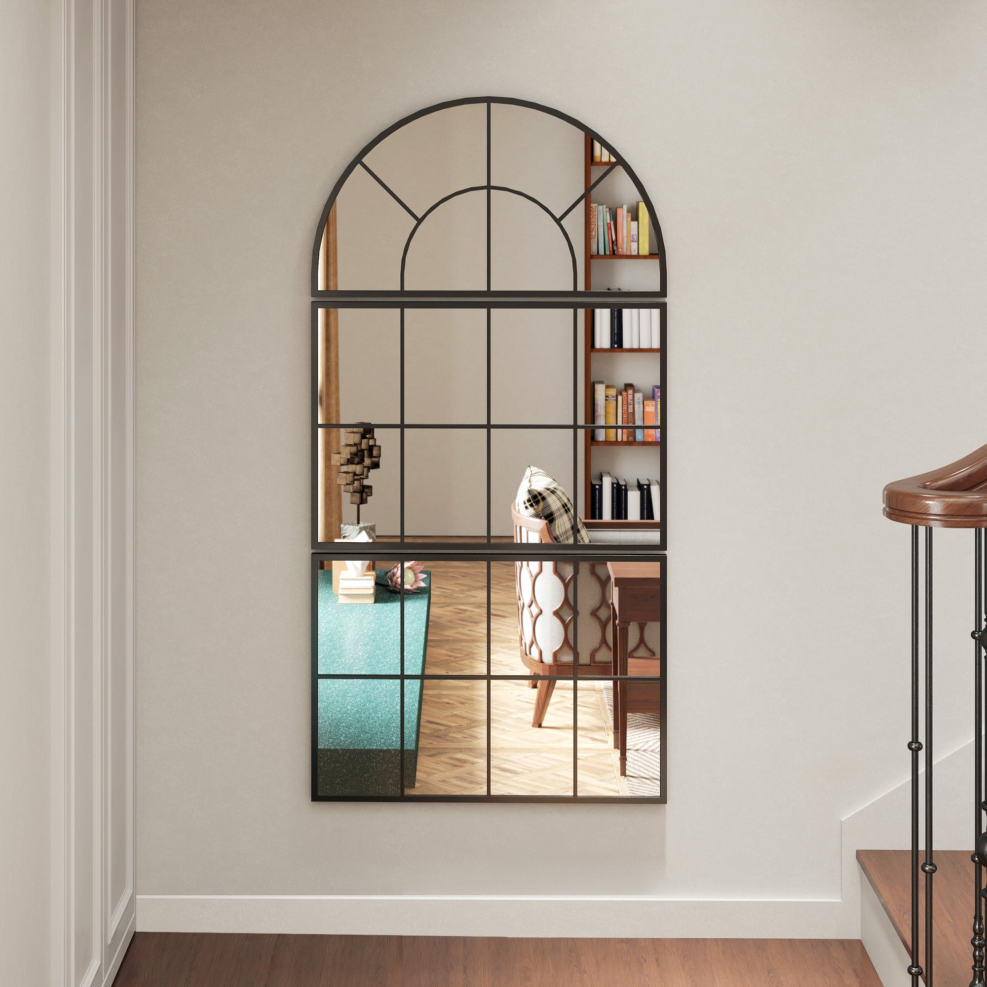 Miroir mural arqué, miroir mural en forme de fenêtre, ensemble de 3 pièces, cadre en métal, pour salon, chambre à coucher, couloir, 76 x 149 cm noir