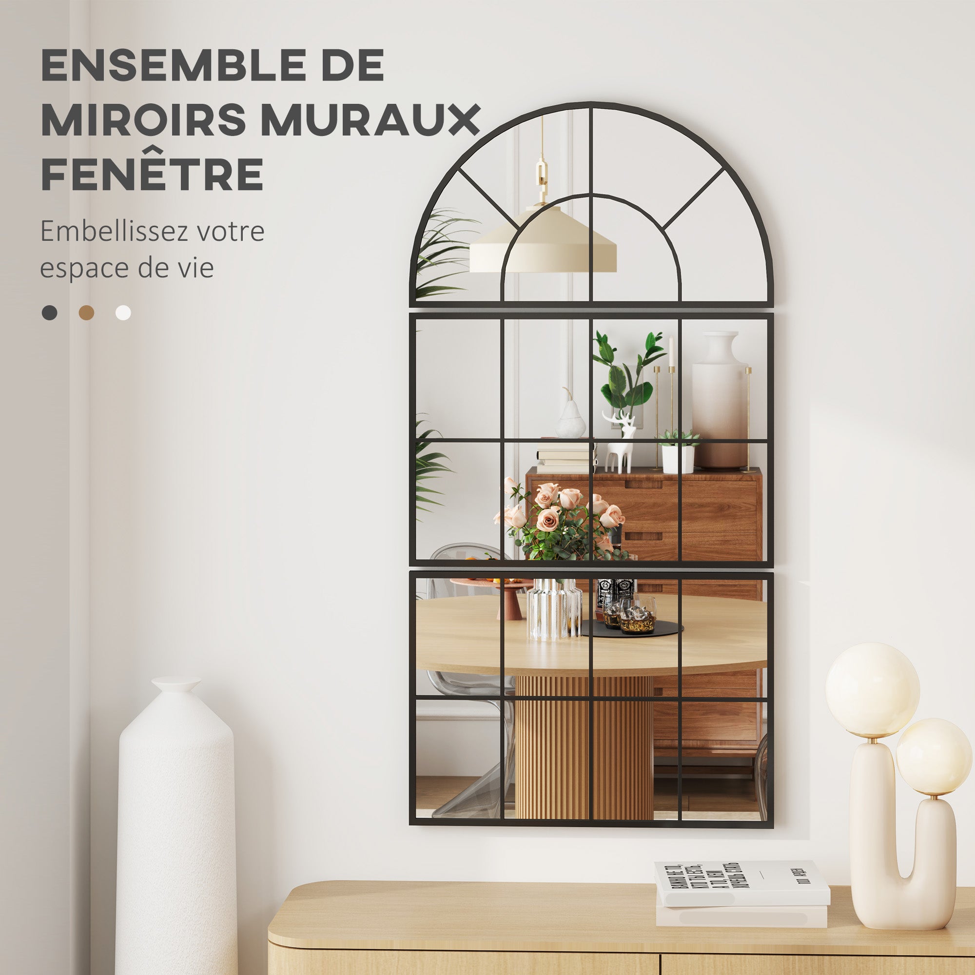 Miroir mural arqué, miroir mural en forme de fenêtre, ensemble de 3 pièces, cadre en métal, pour salon, chambre à coucher, couloir, 76 x 149 cm noir