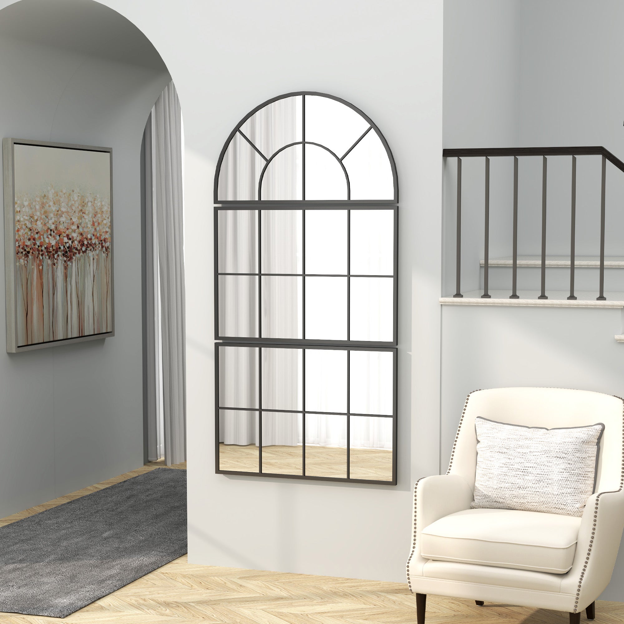 Miroir mural arqué, miroir mural en forme de fenêtre, ensemble de 3 pièces, cadre en métal, pour salon, chambre à coucher, couloir, 76 x 149 cm noir