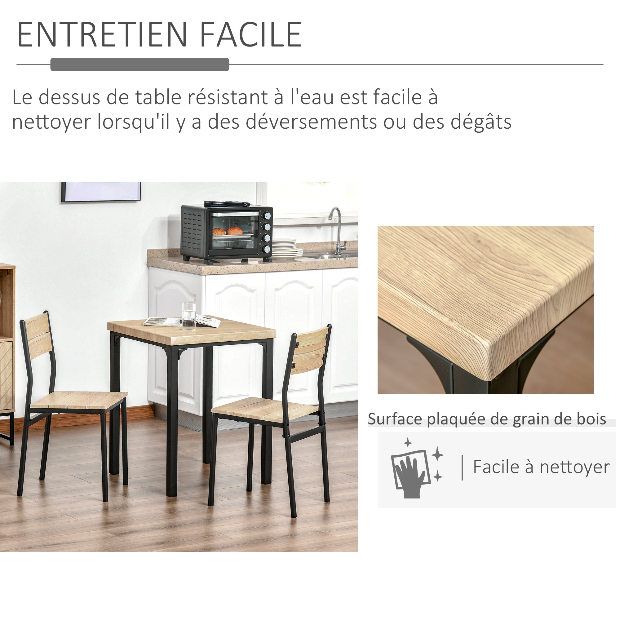 Ensemble table et chaises pour 2 personnes, table de cuisine avec chaises, table à manger 3 pièces avec 2 chaises encastrables, pour cuisine salon maison, bois de chêne clair