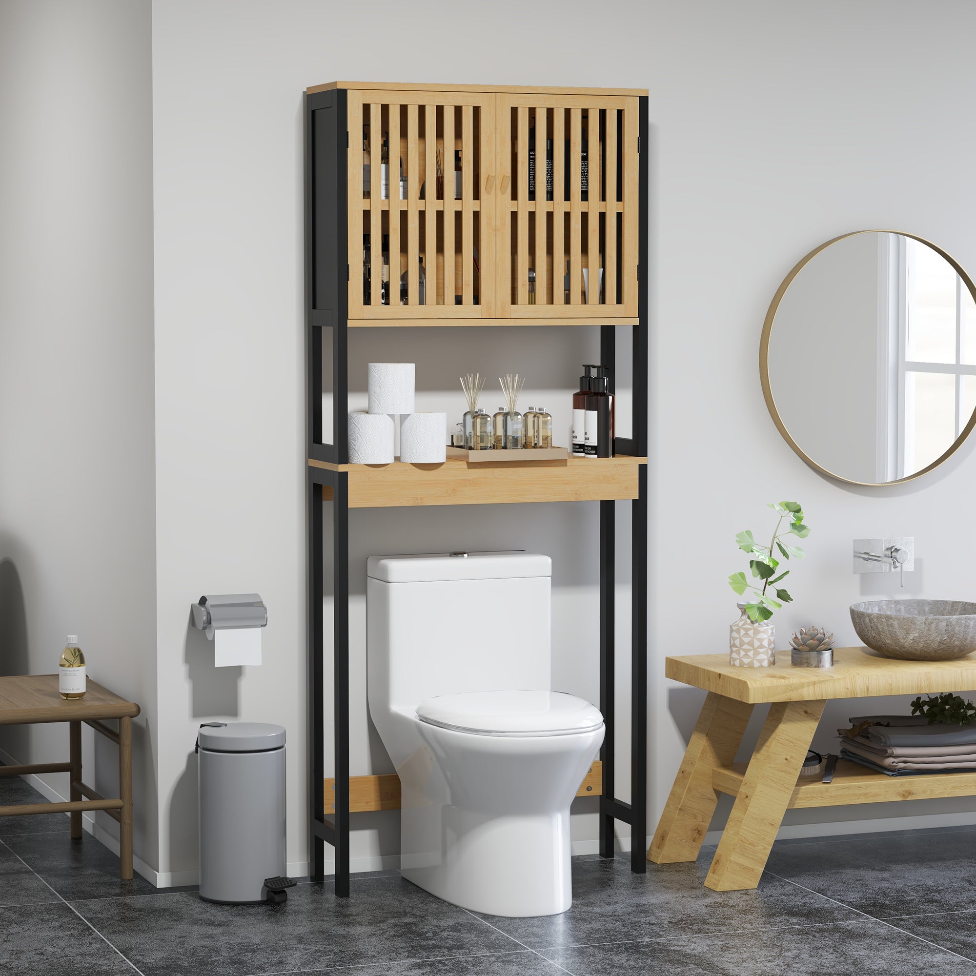 Étagère de toilettes meuble de salle de bain dessus toilette WC avec placard 2 portes et étagère ouverte 60L x 21,5l x 172H cm bambou - bois naturel et noir