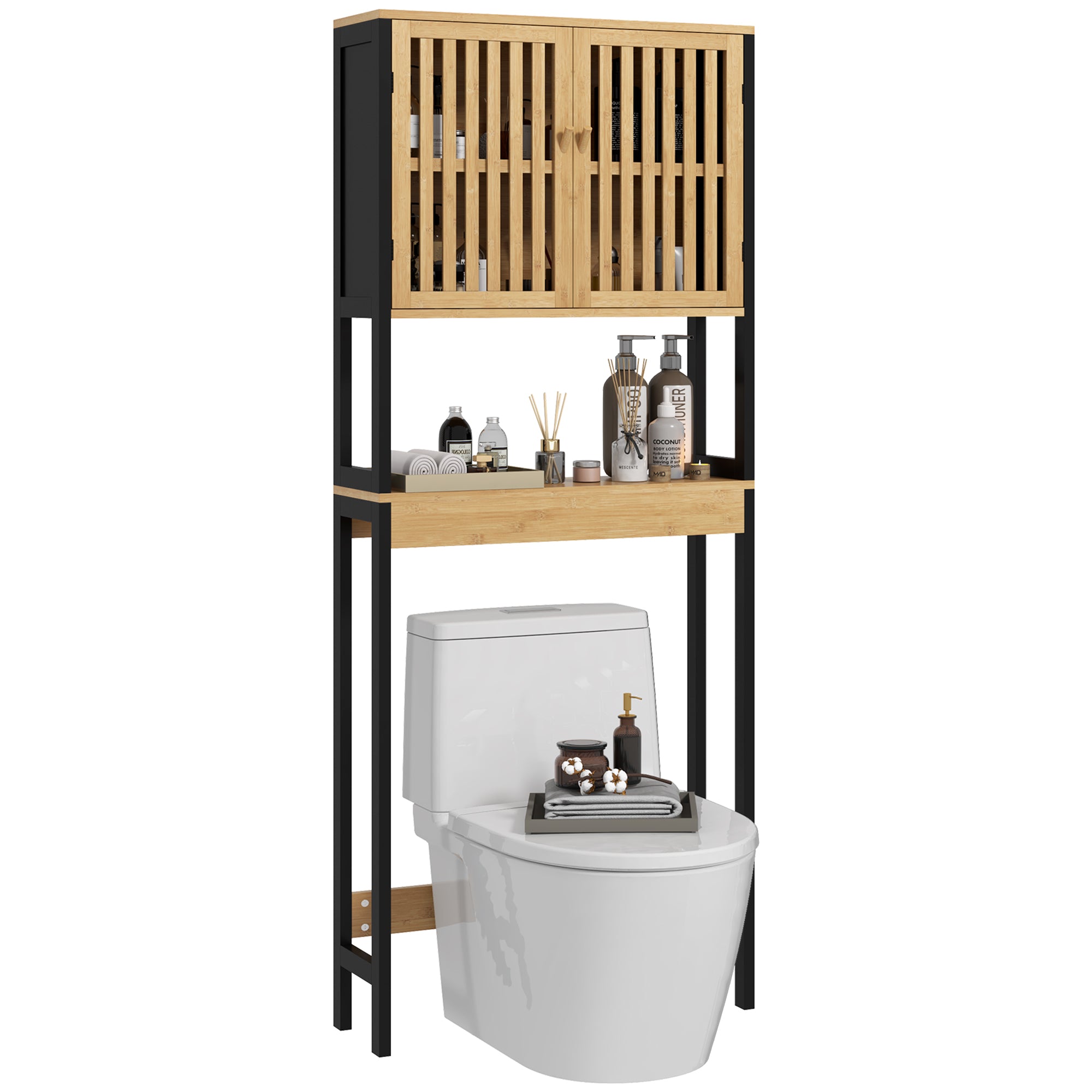 Étagère de toilettes meuble de salle de bain dessus toilette WC avec placard 2 portes et étagère ouverte 60L x 21,5l x 172H cm bambou - bois naturel et noir