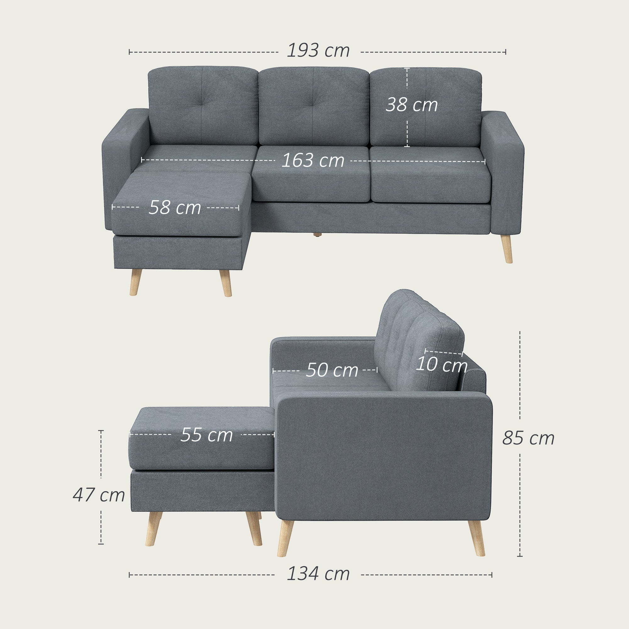Canapé d'angle en tissu de lin, canapé 3 places, chaise longue reversible gauche ou droite, 193 cm, design scandinave, pour salon, appartement, petit espace, pieds en bois massif, gris foncé
