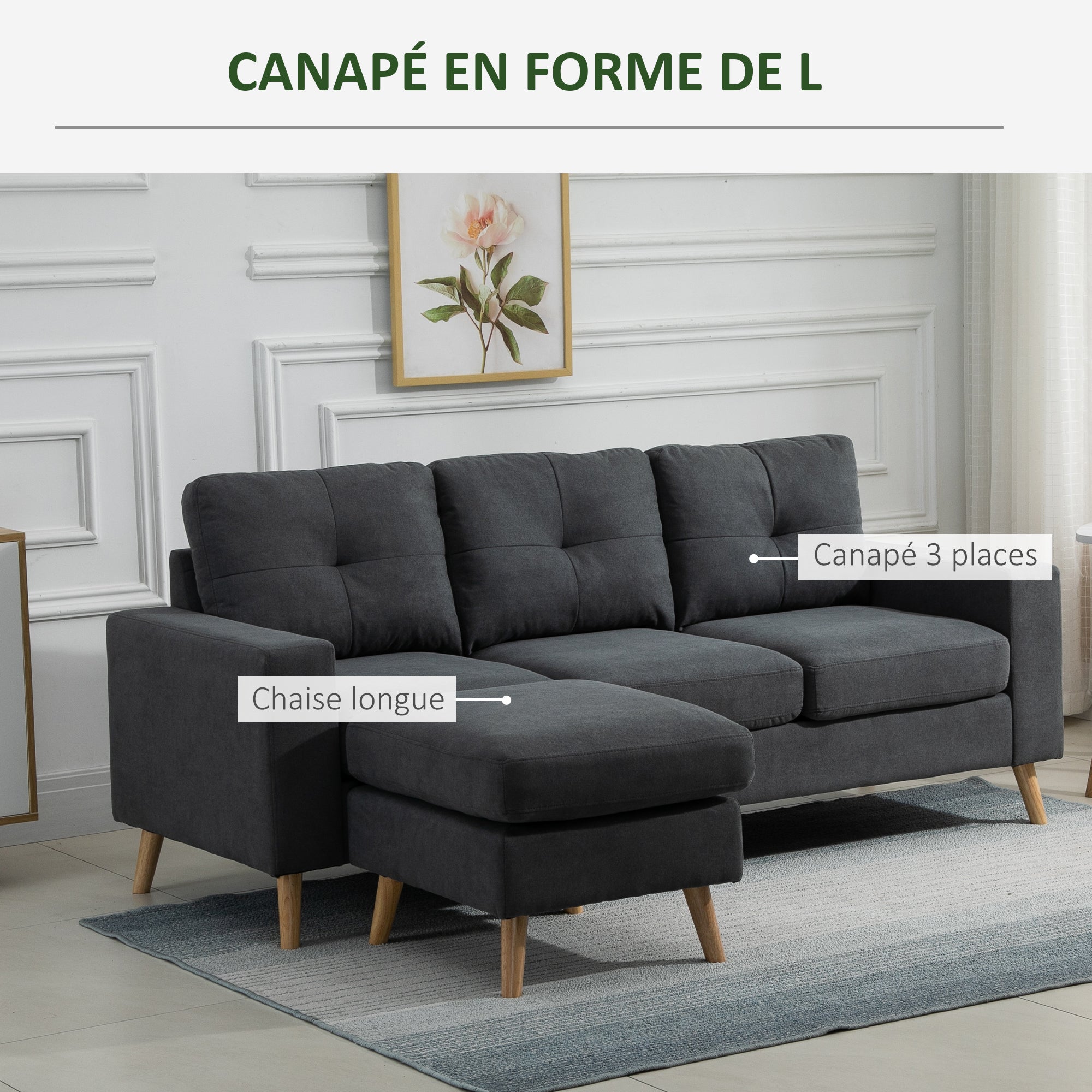 Canapé d'angle en tissu de lin, canapé 3 places, chaise longue reversible gauche ou droite, 193 cm, design scandinave, pour salon, appartement, petit espace, pieds en bois massif, gris foncé