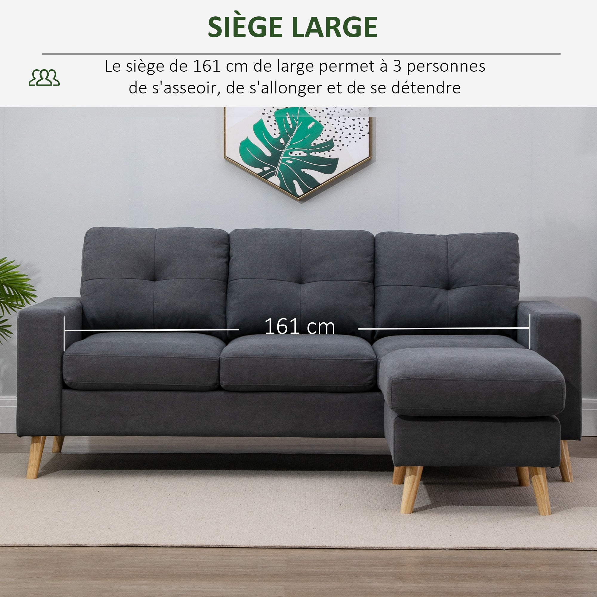 Canapé d'angle en tissu de lin, canapé 3 places, chaise longue reversible gauche ou droite, 193 cm, design scandinave, pour salon, appartement, petit espace, pieds en bois massif, gris foncé