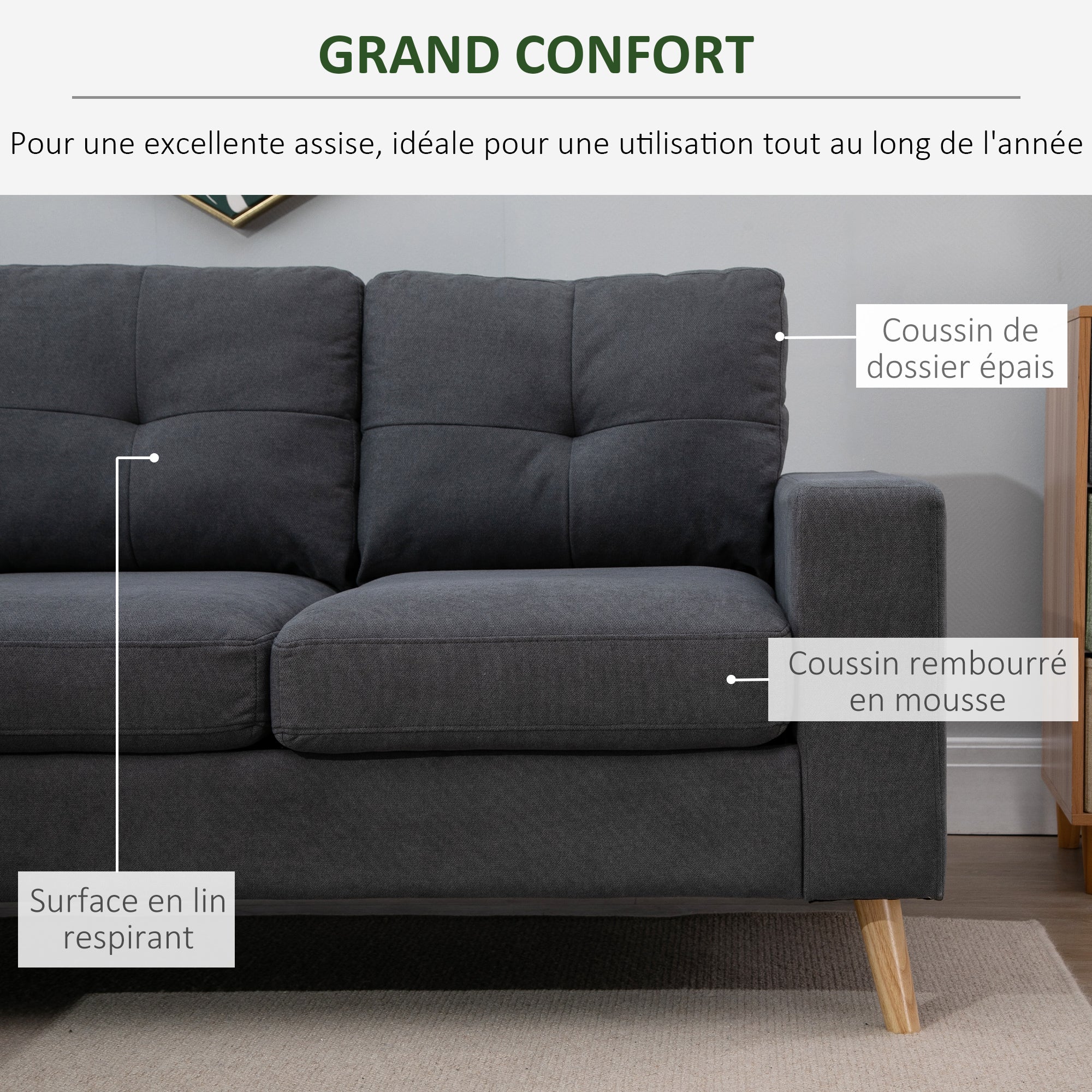 Canapé d'angle en tissu de lin, canapé 3 places, chaise longue reversible gauche ou droite, 193 cm, design scandinave, pour salon, appartement, petit espace, pieds en bois massif, gris foncé