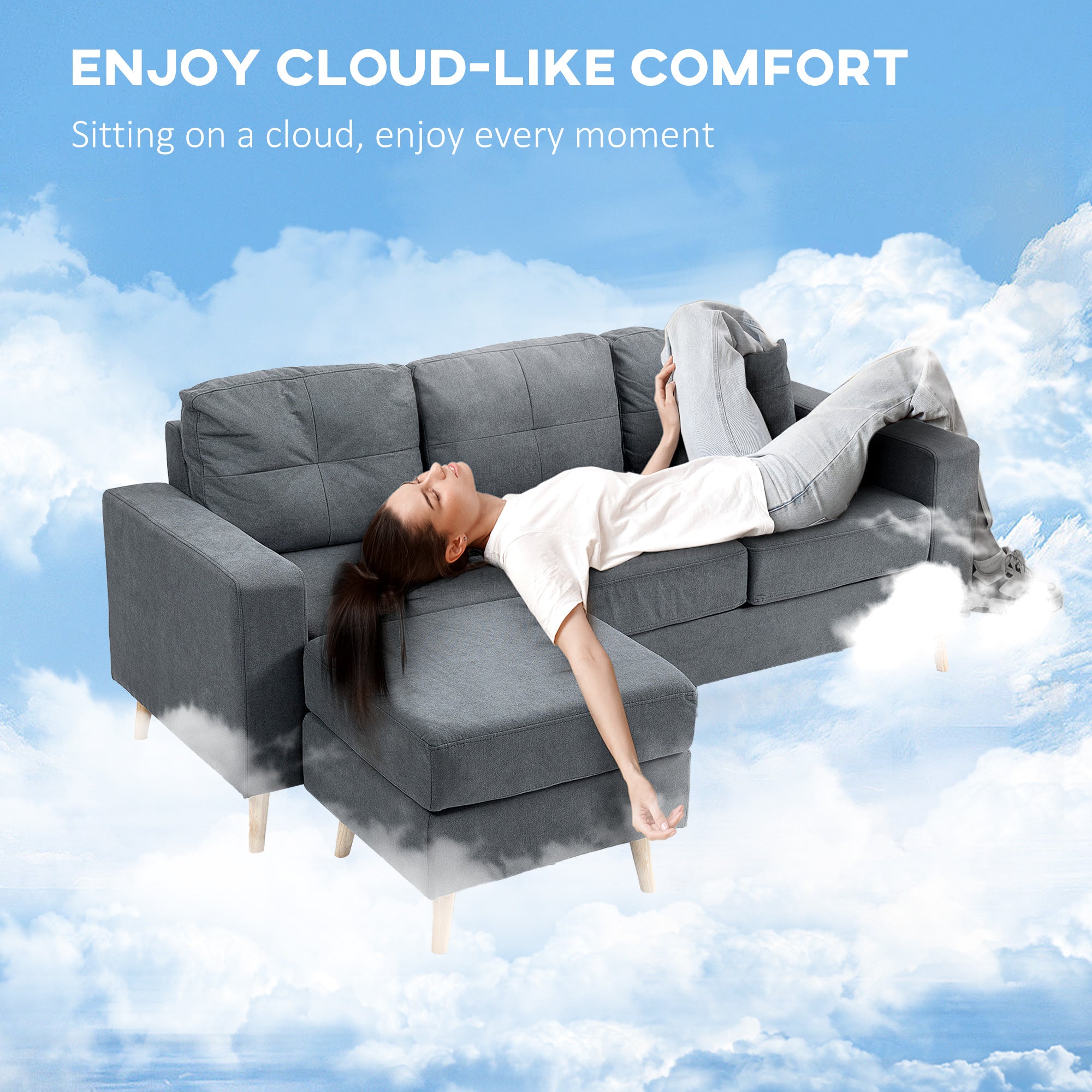 Canapé d'angle en tissu de lin, canapé 3 places, chaise longue reversible gauche ou droite, 193 cm, design scandinave, pour salon, appartement, petit espace, pieds en bois massif, gris foncé