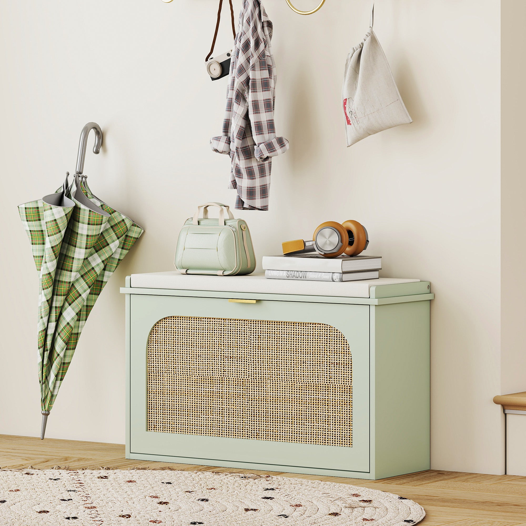 Banc chaussures entrée, banc de rangement étroit, assise rembourrée, porte en rotin, tiroir rabattable et étagère réglable, style bohème, pour entrée, couloir, 80 x 26 x 47,5 cm, vert