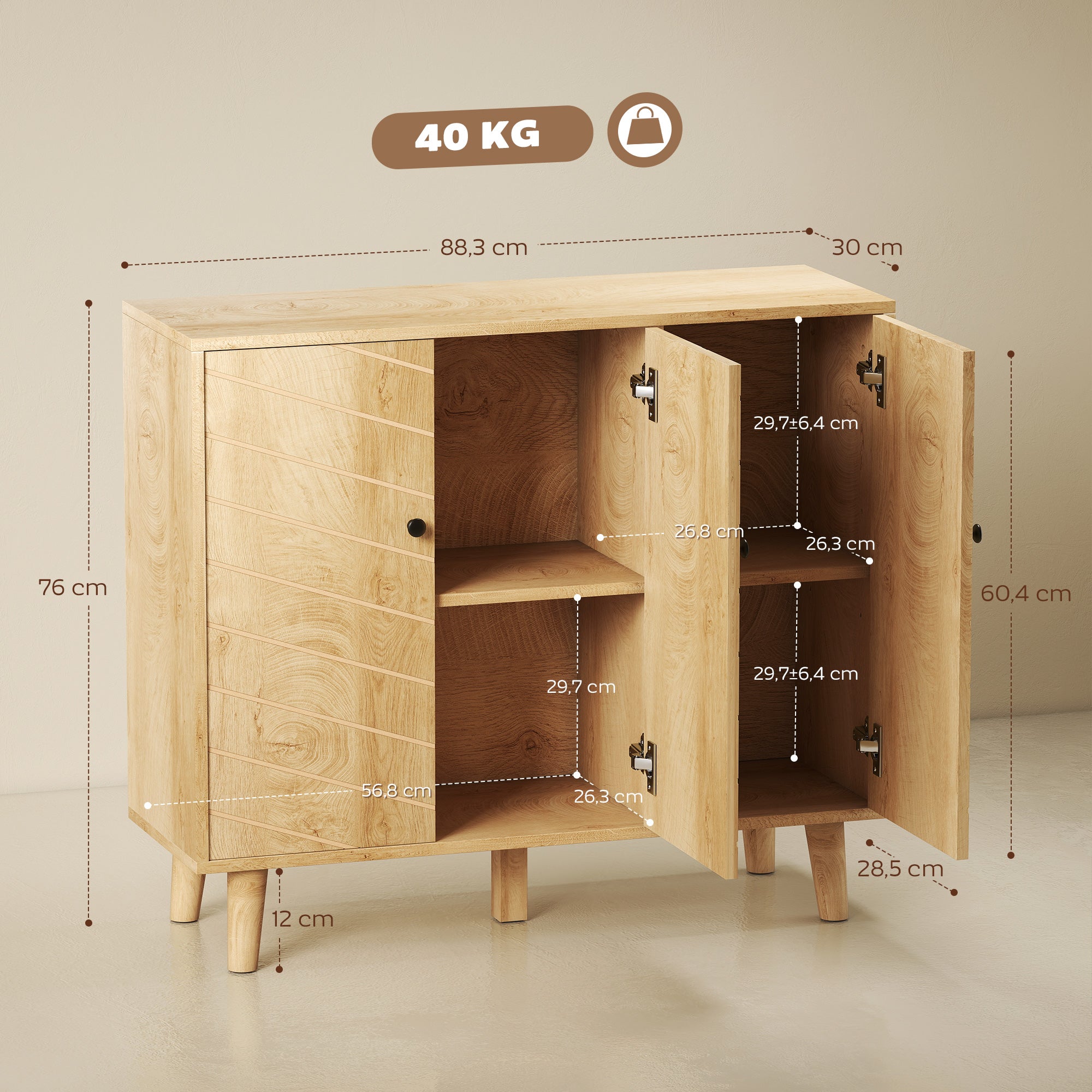 Buffet Cuisine, Meuble de Rangement avec 3 Portes à Motif Chevron et Pieds en Bois de Pin, Style Moderne, Buffet Salle à Manger, Salon et Chambre, 88,3 x 30 x 76 cm, Bois Naturel