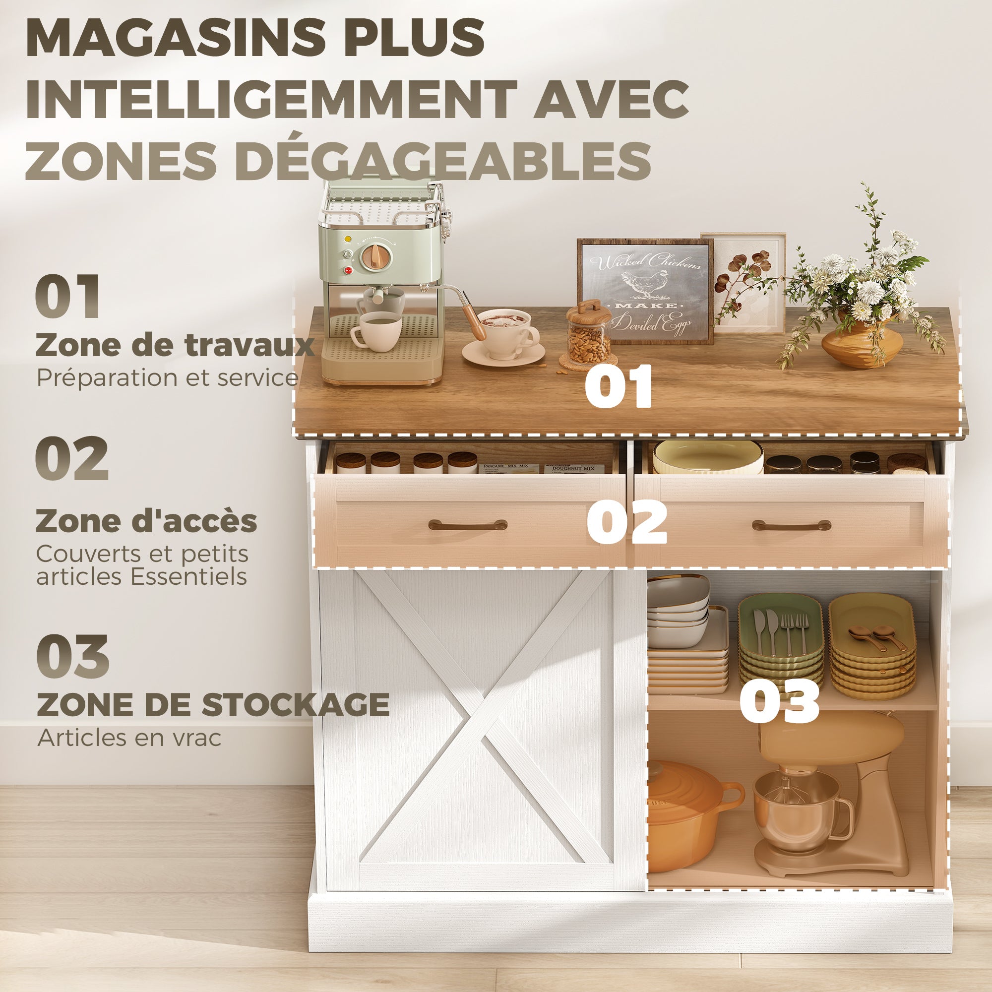 Îlot Central Cuisine, Buffet Cuisine, Meuble de Rangement avec 2 Tiroirs, 2 Portes Coulissantes et Étagère Réglable, Style Rustique, 106,4 x 57 x 92 cm, Blanc et Marron