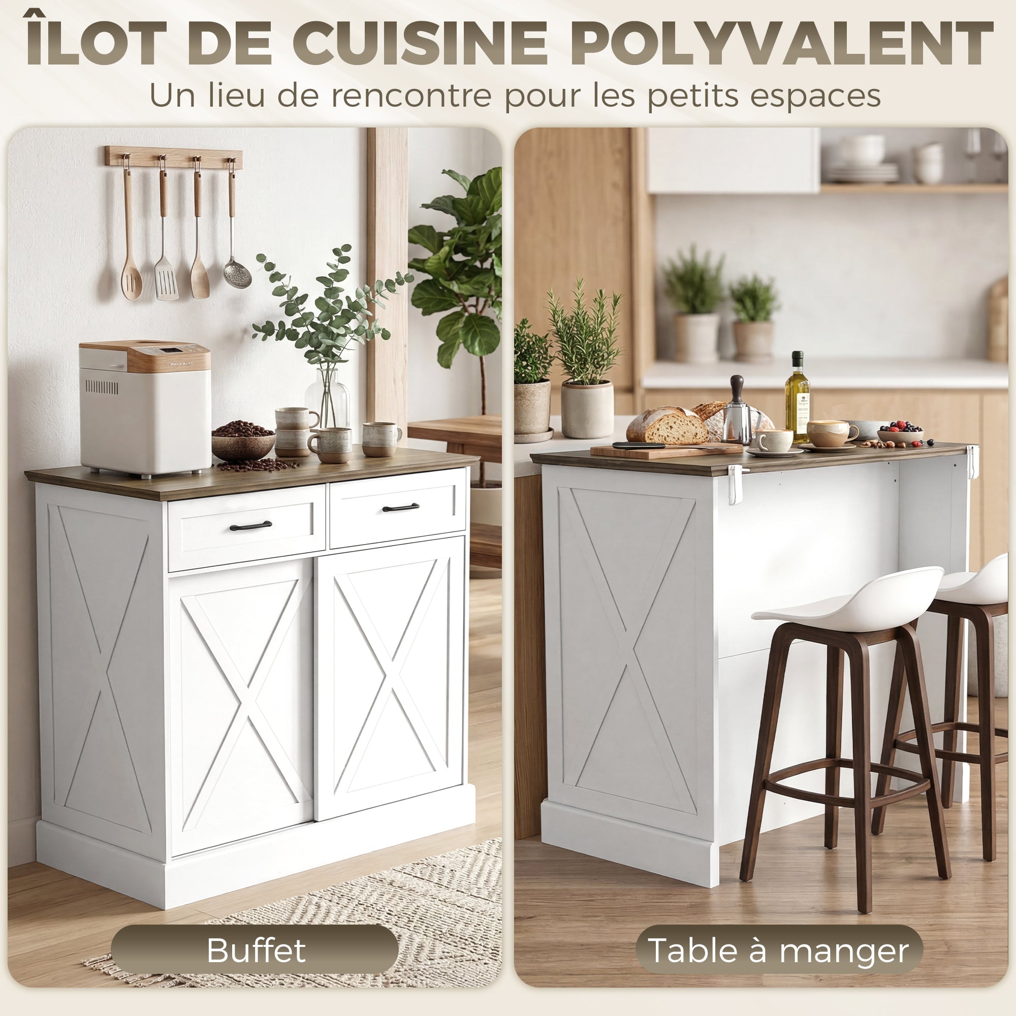 Îlot Central Cuisine, Buffet Cuisine, Meuble de Rangement avec 2 Tiroirs, 2 Portes Coulissantes et Étagère Réglable, Style Rustique, 106,4 x 57 x 92 cm, Blanc et Marron
