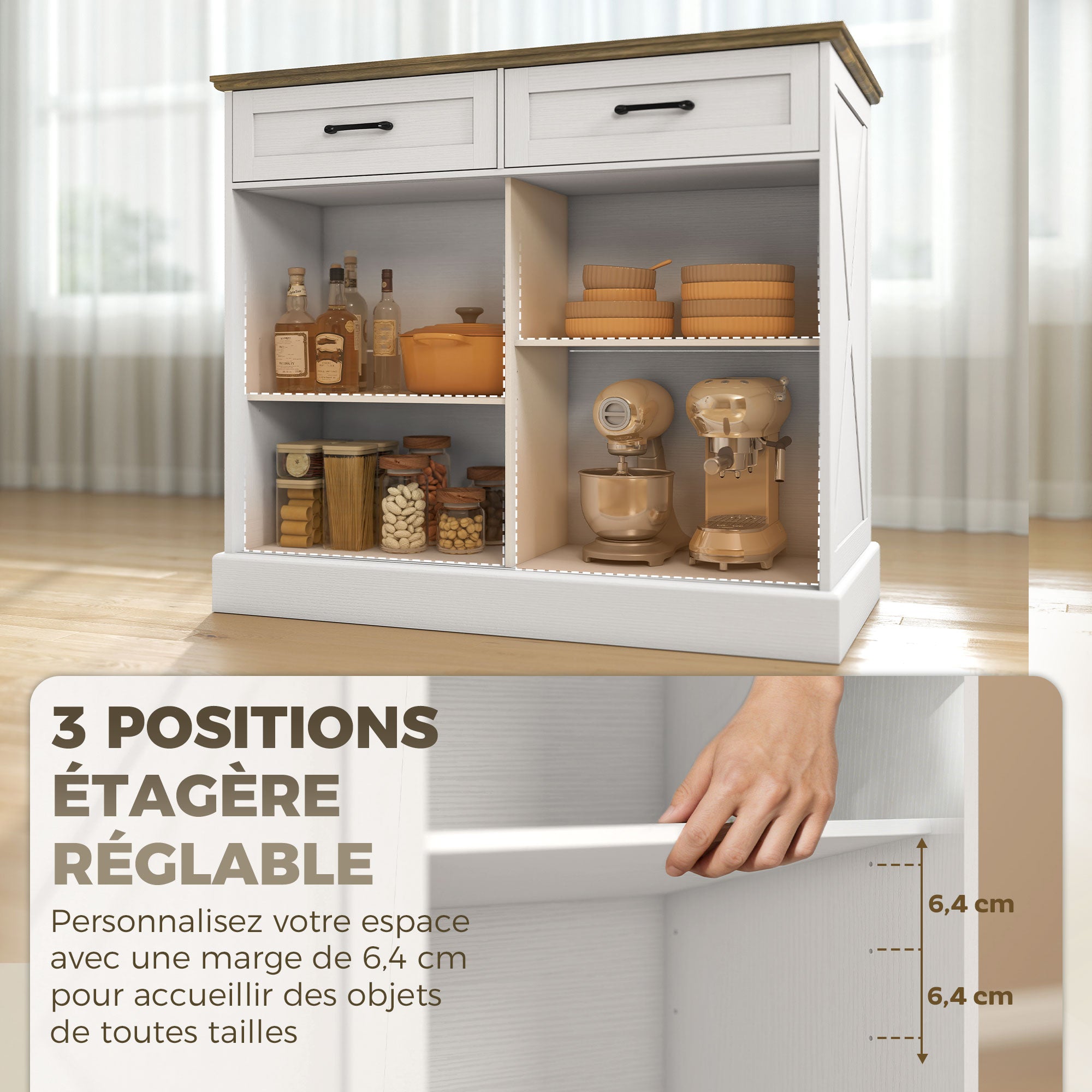 Îlot Central Cuisine, Buffet Cuisine, Meuble de Rangement avec 2 Tiroirs, 2 Portes Coulissantes et Étagère Réglable, Style Rustique, 106,4 x 57 x 92 cm, Blanc et Marron
