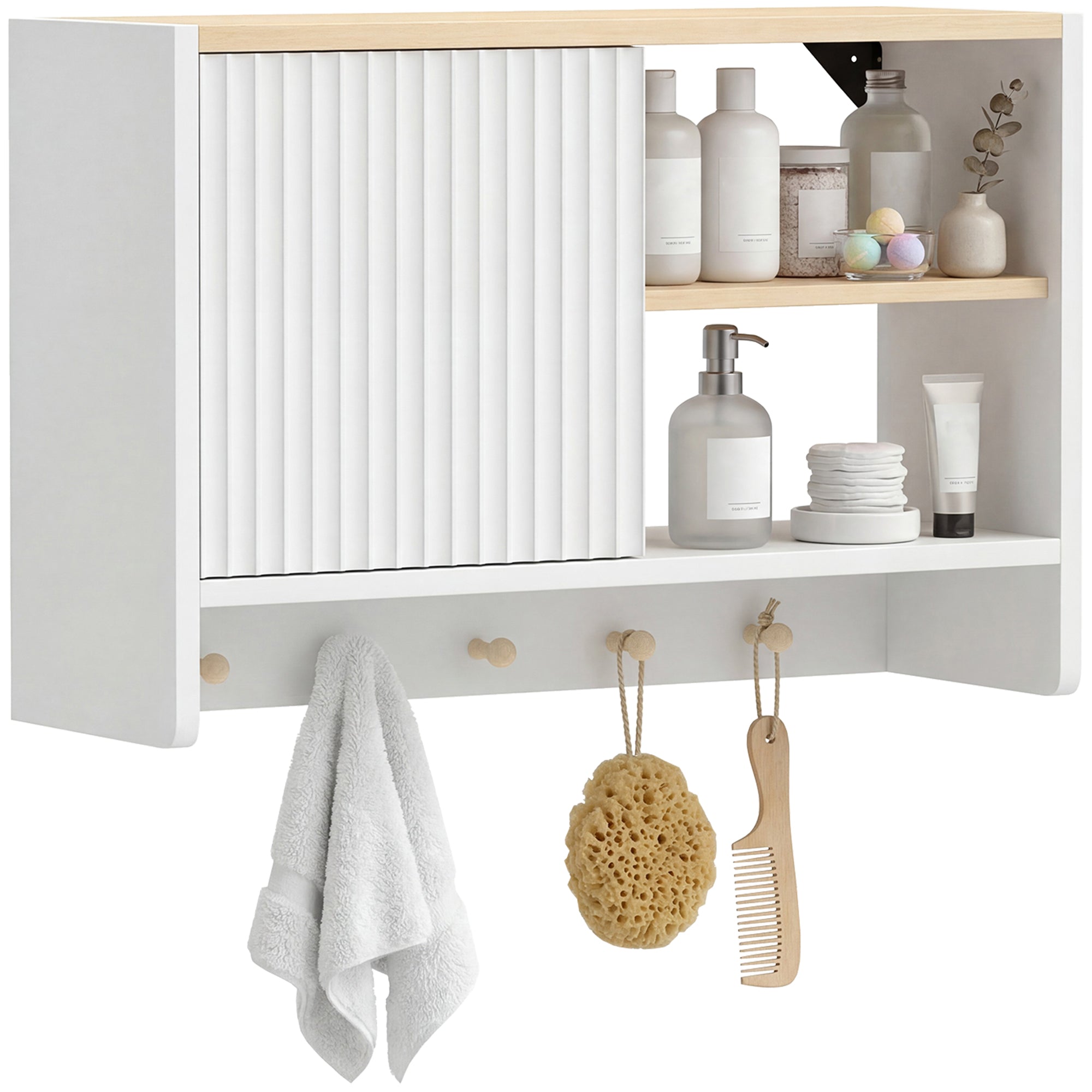 Armoire murale de salle de bain, meuble de rangement suspendu pour salle de bains avec porte, étagères ouvertes et 5 crochets, meuble WC suspendu, 60 x 20 x 40 cm, blanc et chêne