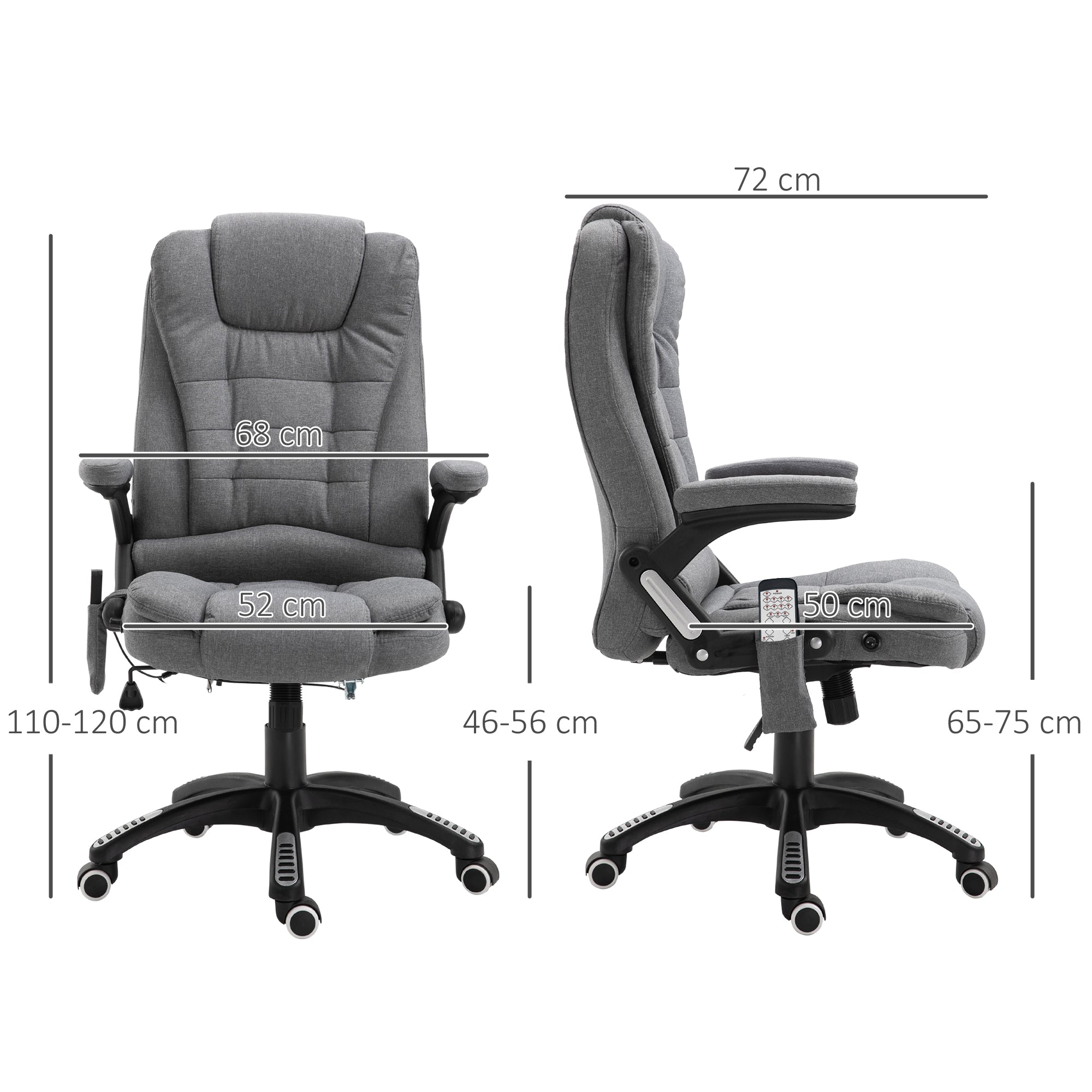 Fauteuil de bureau massant et chauffant, chaise de bureau, chaise ergonomique avec hauteur réglable, dossier inclinable et télécommande filaire, pivotant à 360° tissu en polyester gris chiné
