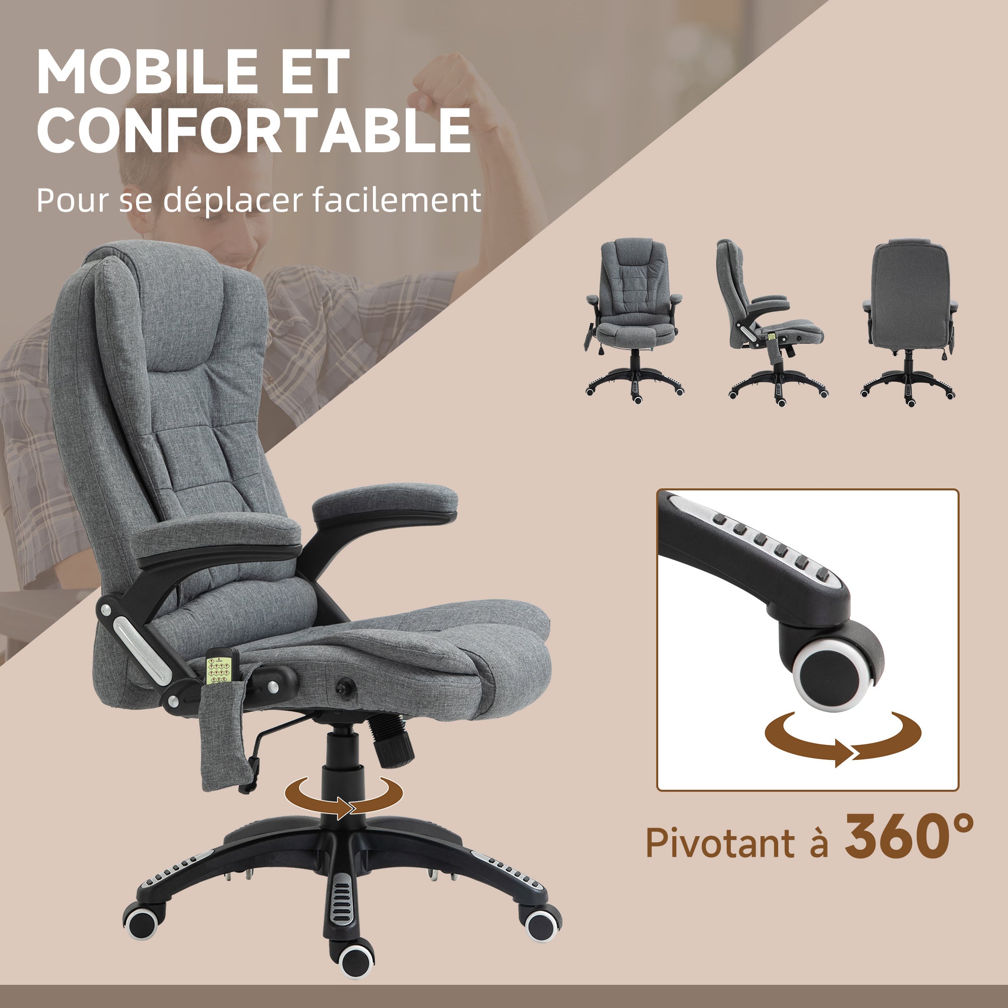 Fauteuil de bureau massant et chauffant, chaise de bureau, chaise ergonomique avec hauteur réglable, dossier inclinable et télécommande filaire, pivotant à 360° tissu en polyester gris chiné