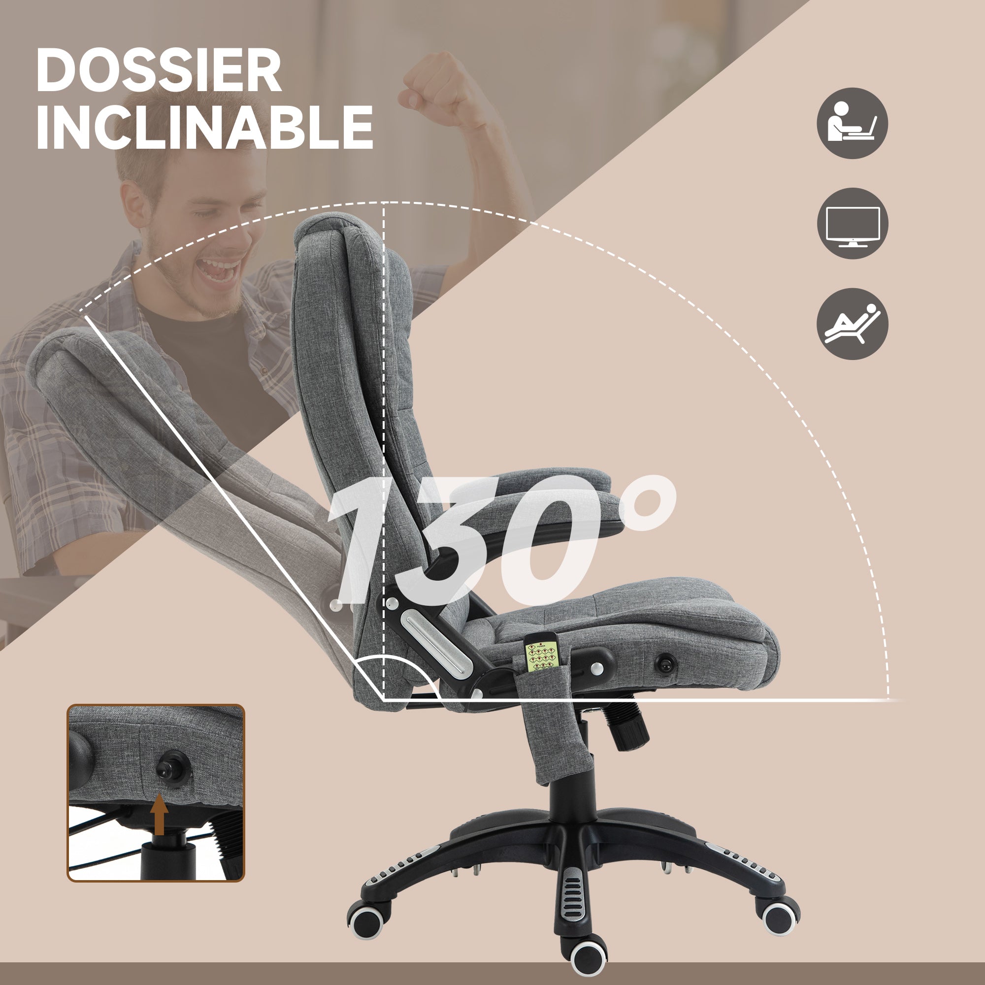 Fauteuil de bureau massant et chauffant, chaise de bureau, chaise ergonomique avec hauteur réglable, dossier inclinable et télécommande filaire, pivotant à 360° tissu en polyester gris chiné