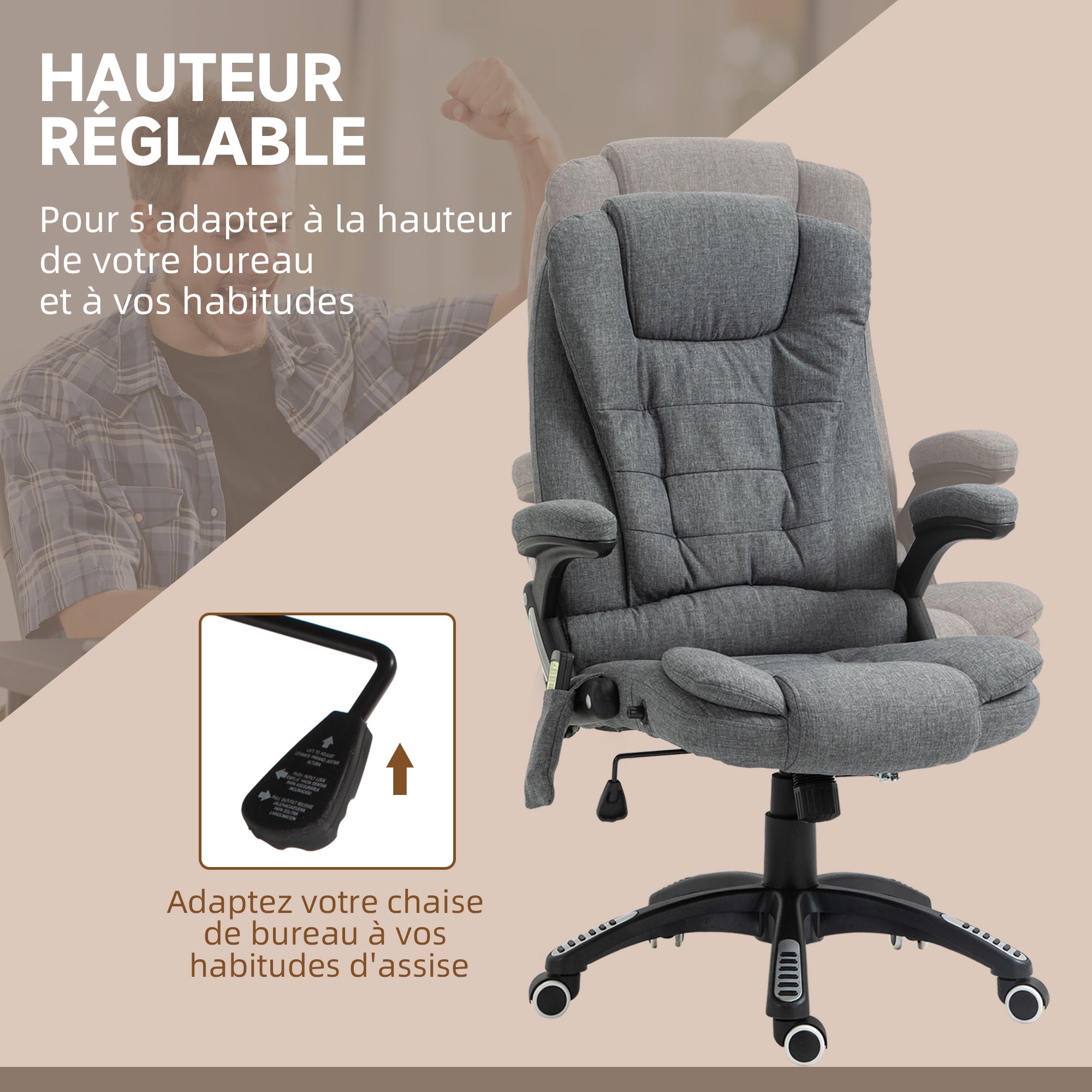 Fauteuil de bureau massant et chauffant, chaise de bureau, chaise ergonomique avec hauteur réglable, dossier inclinable et télécommande filaire, pivotant à 360° tissu en polyester gris chiné