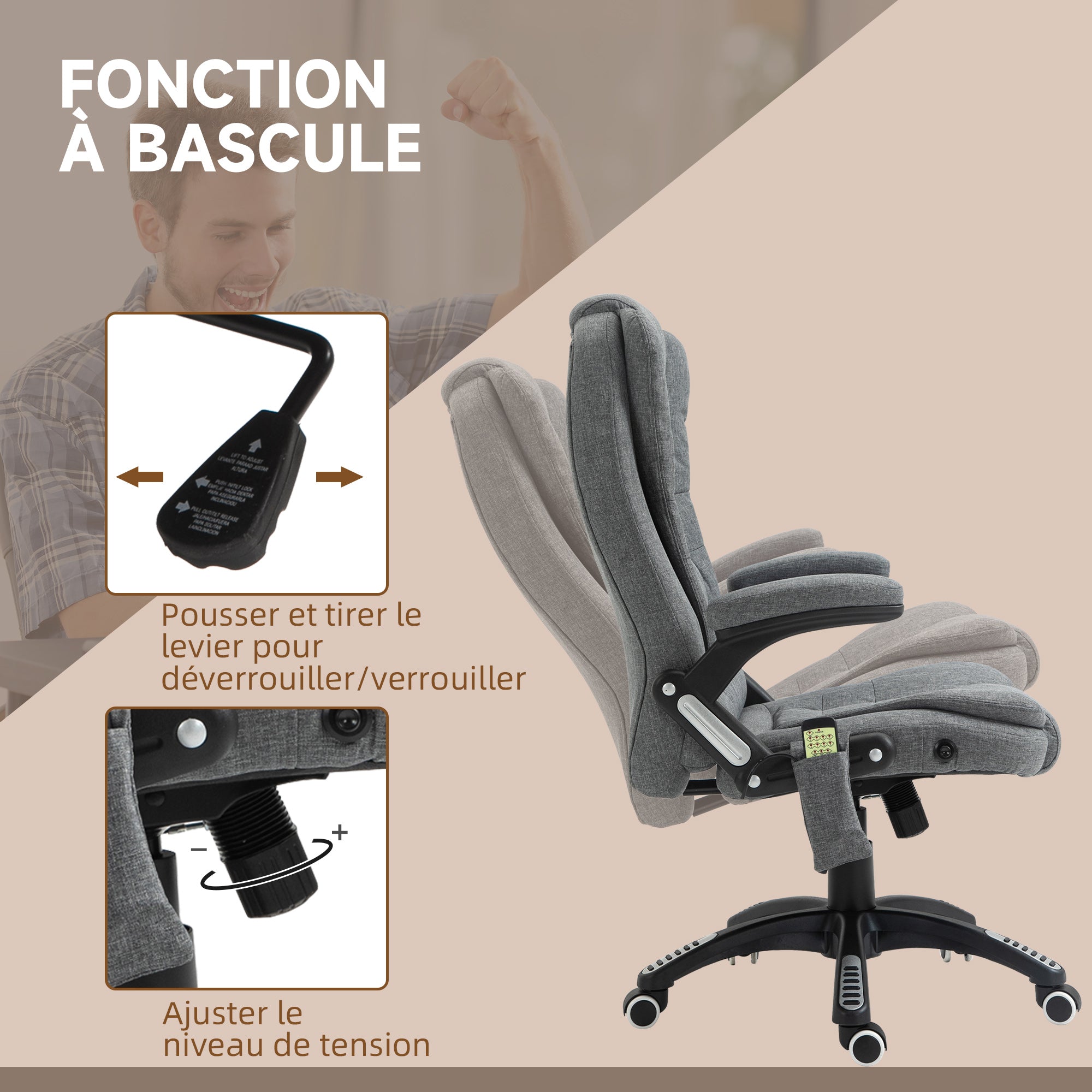 Fauteuil de bureau massant et chauffant, chaise de bureau, chaise ergonomique avec hauteur réglable, dossier inclinable et télécommande filaire, pivotant à 360° tissu en polyester gris chiné